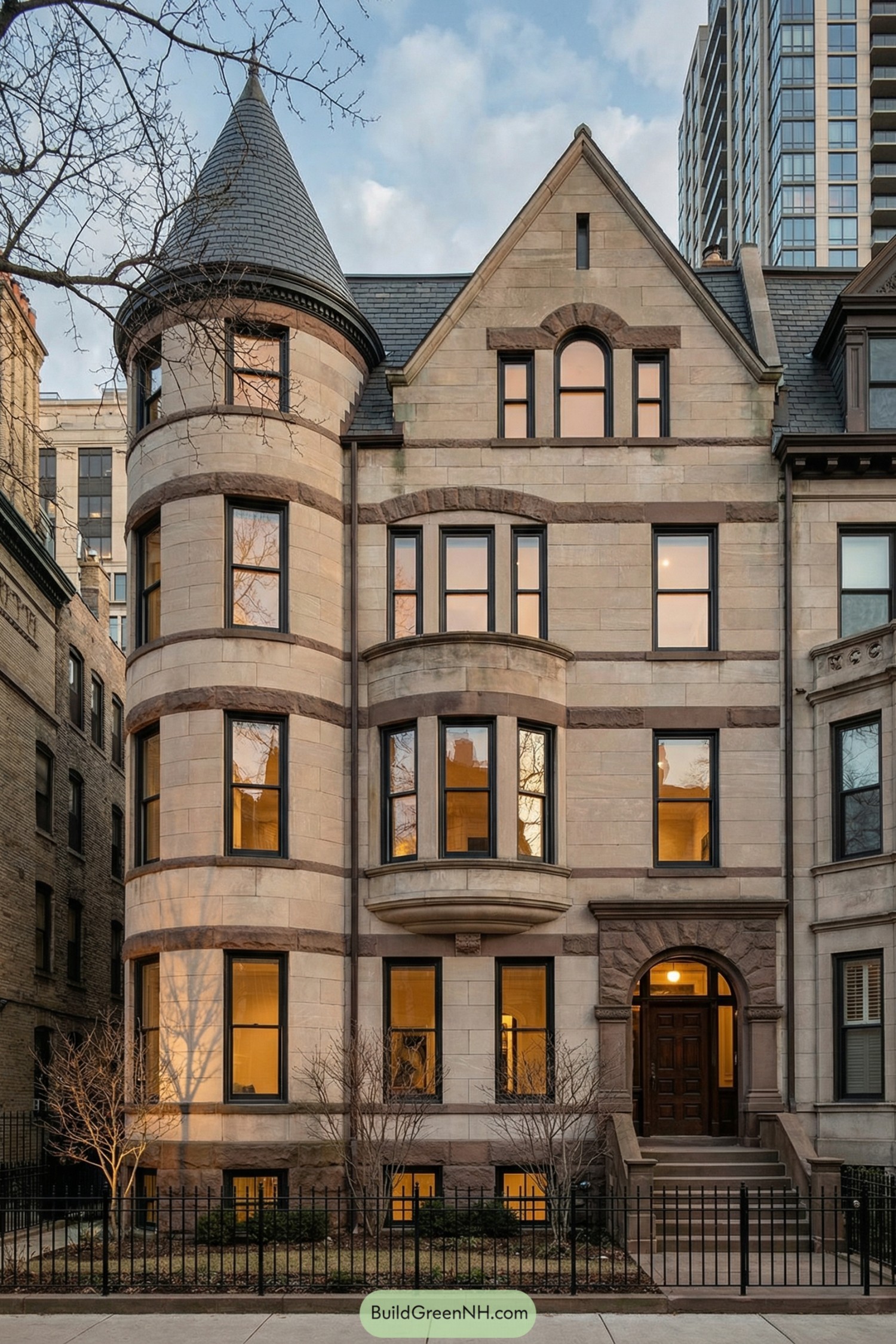 Historic-style stone townhouse with rounded turret and warm-lit windows
