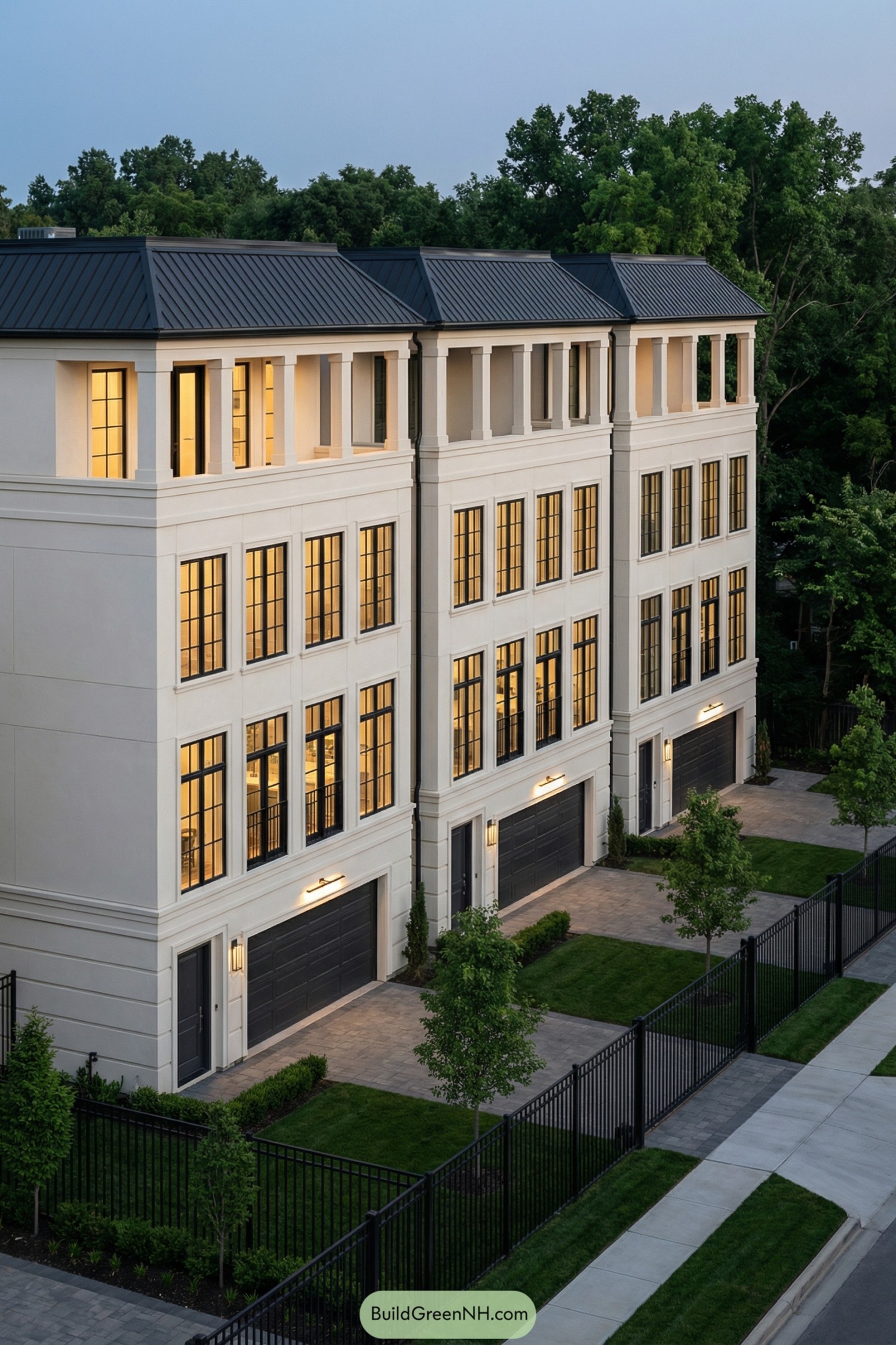 Row of cream-colored four-story townhouses with tall black-framed windows and upper loggias facing a landscaped street