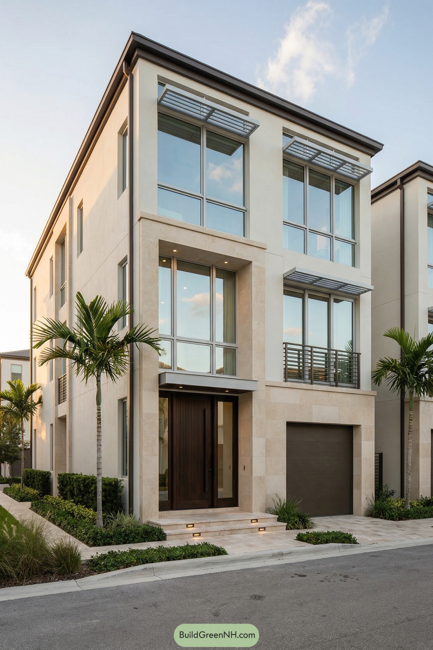 Tall cream-toned modern townhouse with expansive glass windows, dark wood entry, and integrated garage framed by palms