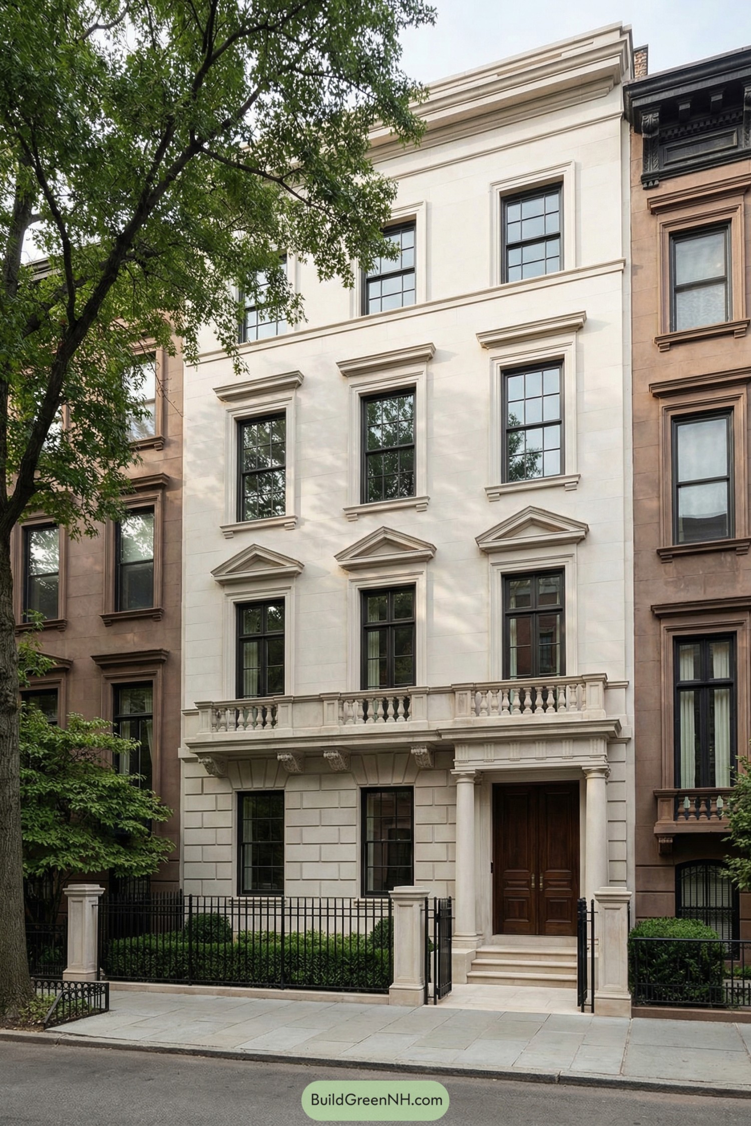 Cream stone townhouse facade with classic detailing and black-framed windows