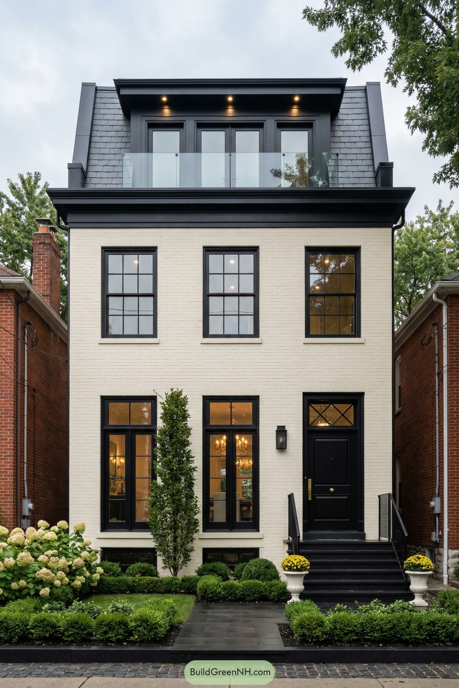 Cream brick townhouse with black trim, mansard roof, and manicured front garden