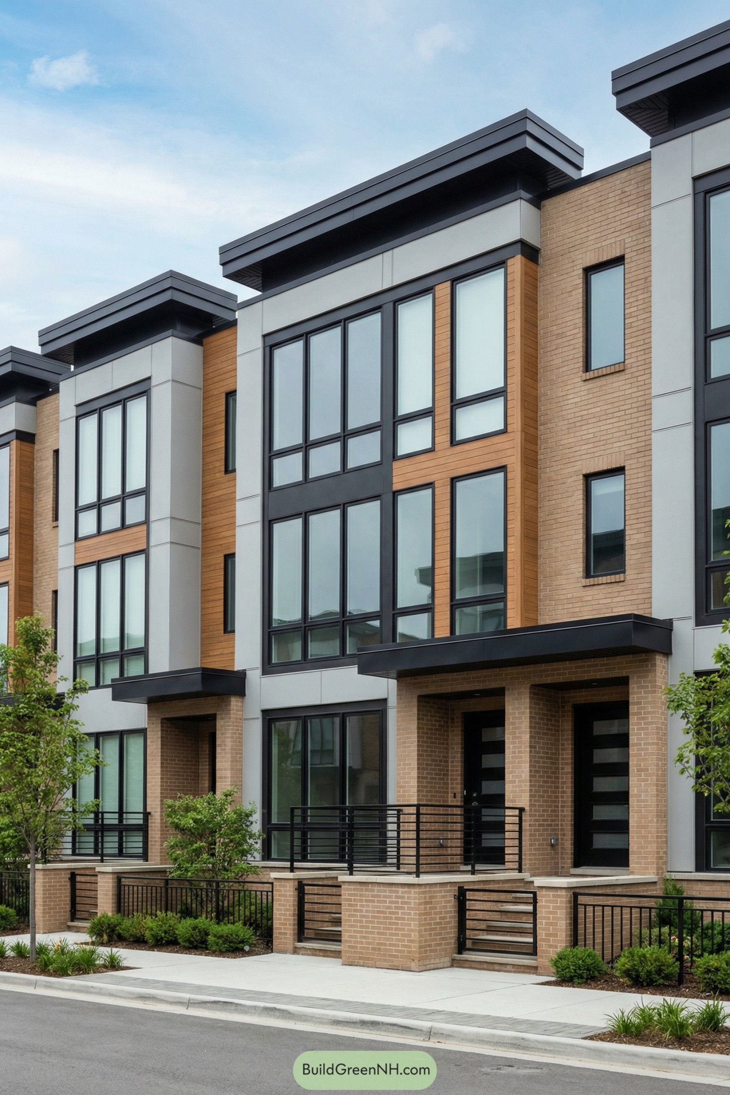 Contemporary brick and glass townhouses with metal accents
