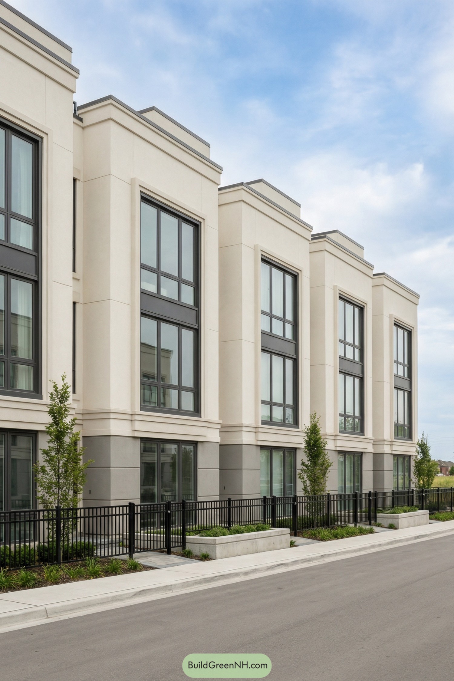 Row of tall cream modern townhouses with large dark-framed windows and simple landscaping along the street