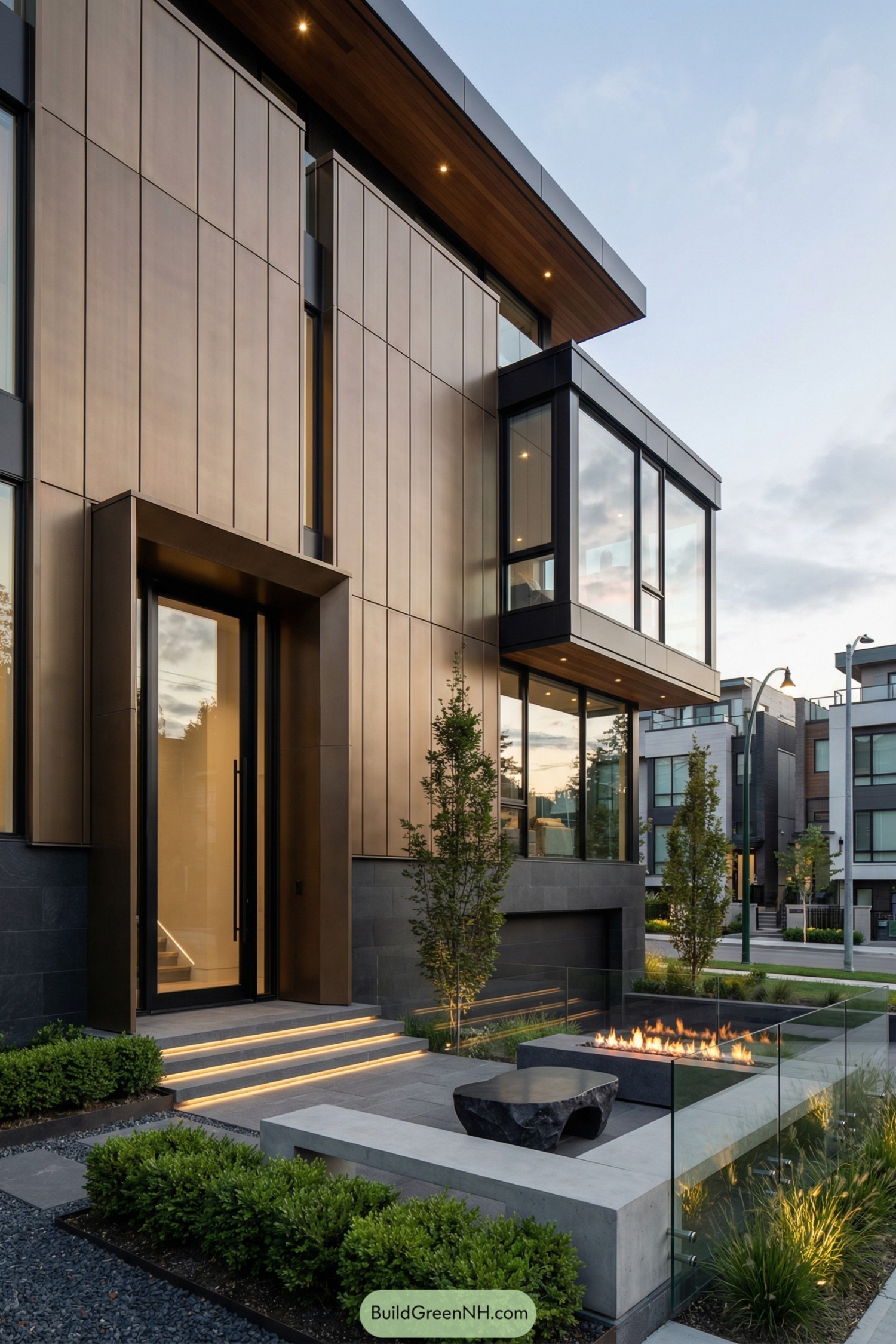 Modern bronze-paneled townhouse with glass-walled fire courtyard