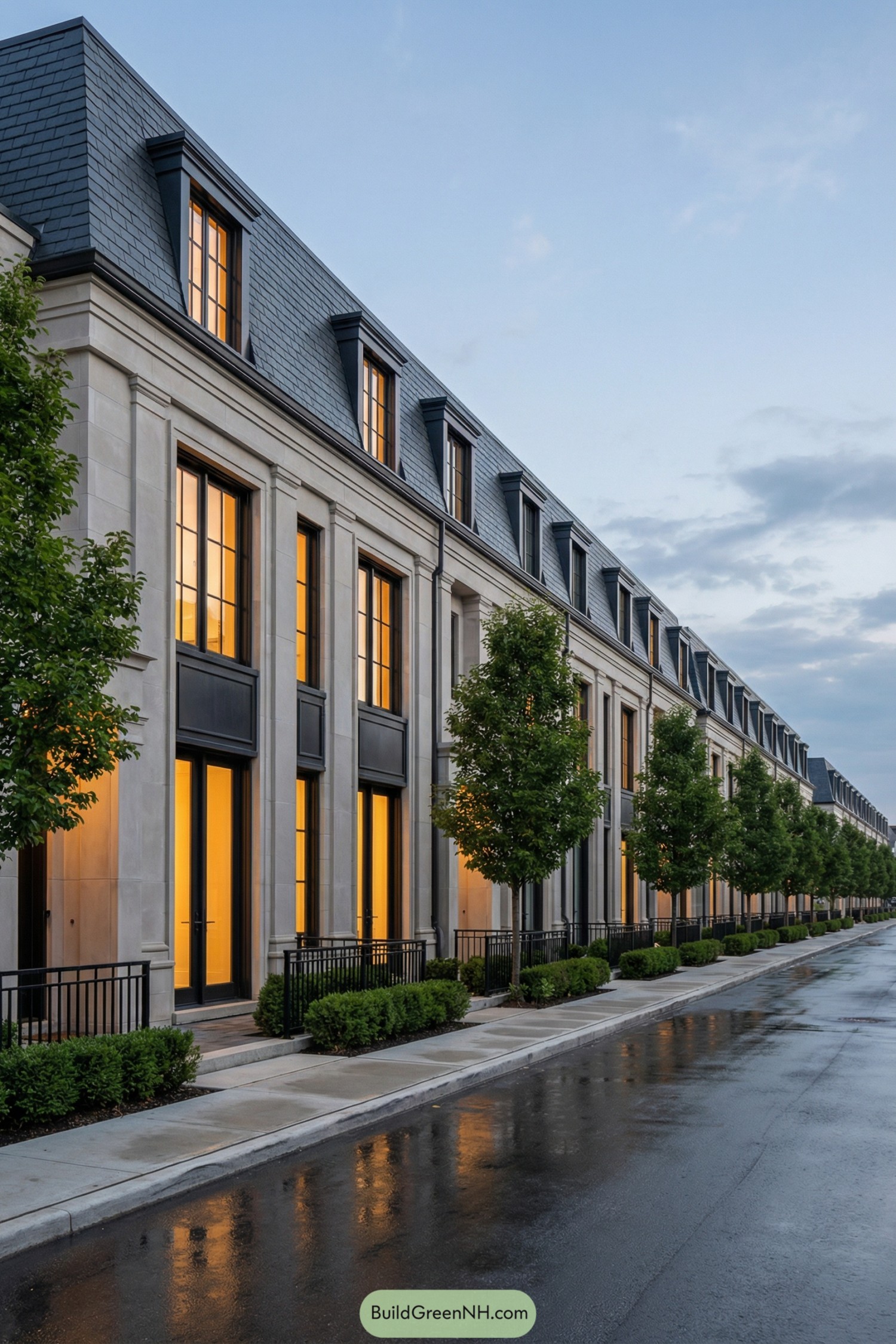 Row of stone townhouses with slate mansard roofs and glowing tall windows along a wet street
