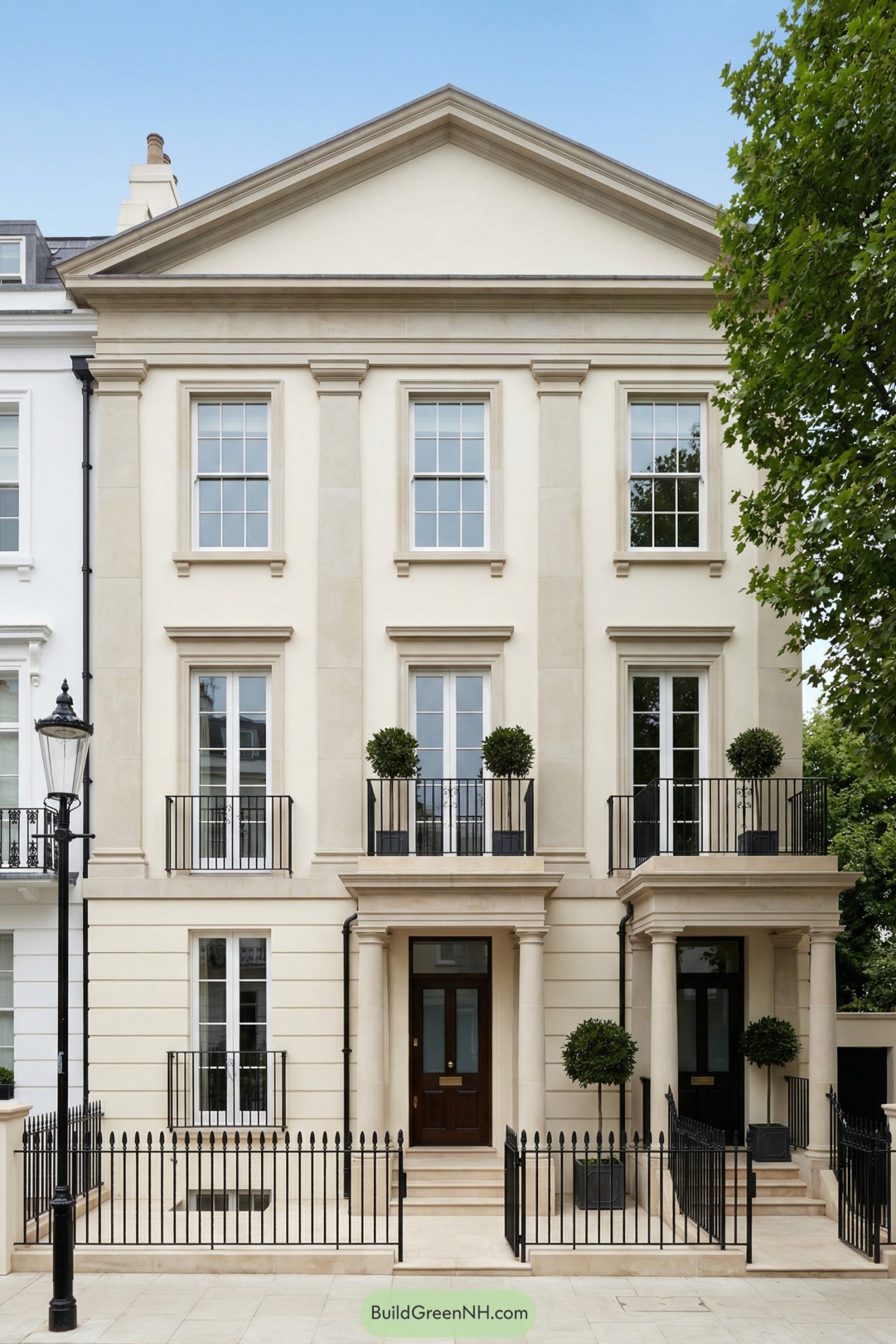Cream stone townhouse with classical columns balconies and black railings
