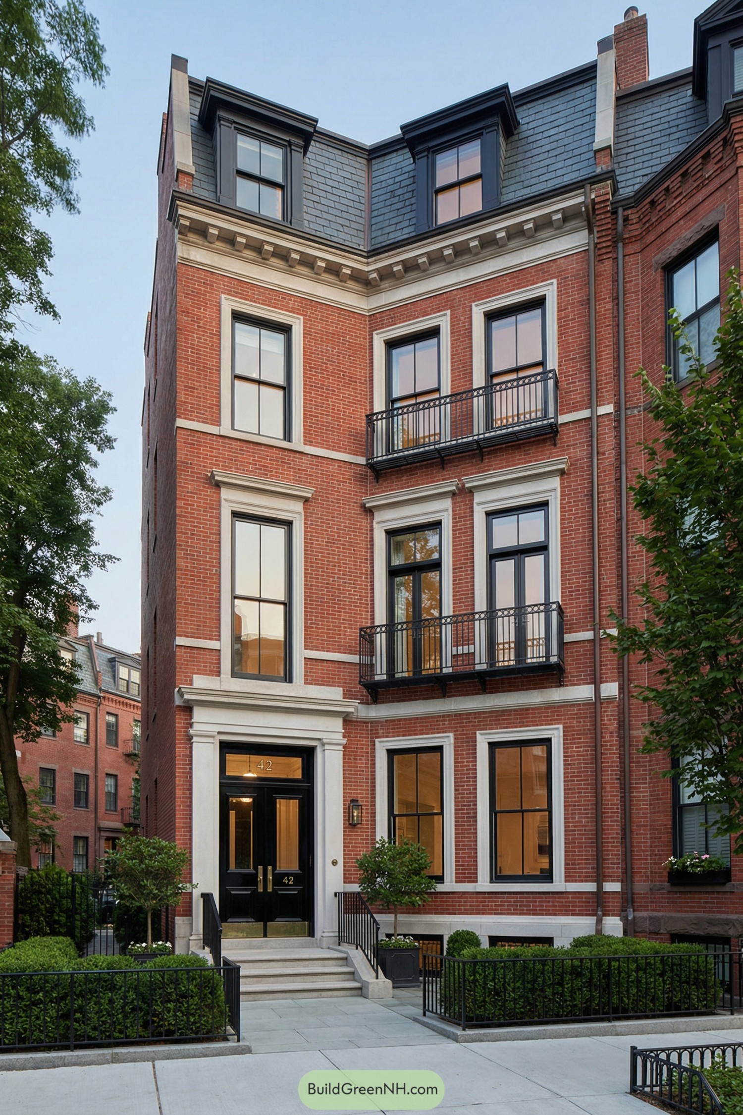 Red-brick corner townhouse with tall black-framed windows, slate mansard roof, and manicured front garden