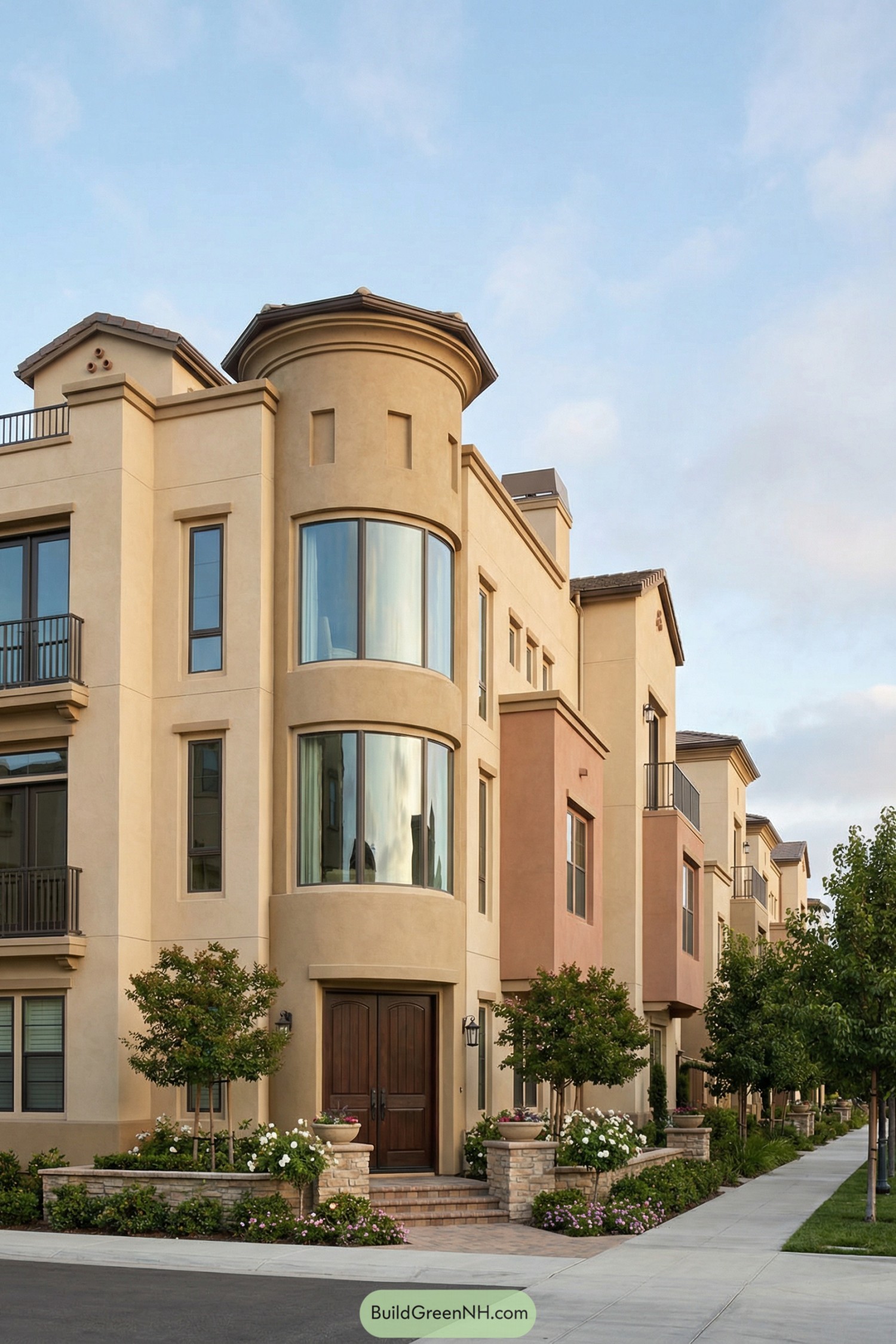 high-res photo of luxury townhouse, three-and-a-half-story attached corner townhouse in an upscale urban row, contemporary Mediterranean facade with varied massing and a prominent rounded corner tower, warm light-beige stucco as main finish with darker sand and muted terracotta accent volumes, smooth plaster surfaces with subtle horizontal trim bands, building shape composed of the curved corner bay, recessed central sections, and boxy upper volumes stepping back toward the roofline, flat roofs with low stucco parapets and a few small gabled projections with light shingles, large floor-to-ceiling windows on the curved corner with slim dark metal mullions forming vertical bays, mix of tall rectangular and grouped windows on the flat facades with clear glass and dark bronze frames, several inset balconies with simple dark metal railings and French doors, main entry doors slightly elevated above street, solid wood or wood-look panels in a rich dark stain with transom glazing, short masonry stoops and low stucco or stone planters along the base, narrow landscaped front strip with manicured shrubs, flowering plants, and small ornamental trees directly in front of the townhouse, additional medium-height street trees aligned along a clean paved sidewalk and quiet residential street, background showing the continuation of similarly styled attached townhouses receding in perspective, distant mature trees and a soft blue sky with light clouds, overall scene calm, clean, and picture-worthy. real-life photo, high-resolution, architectural photography, soft lighting, cinematic composition