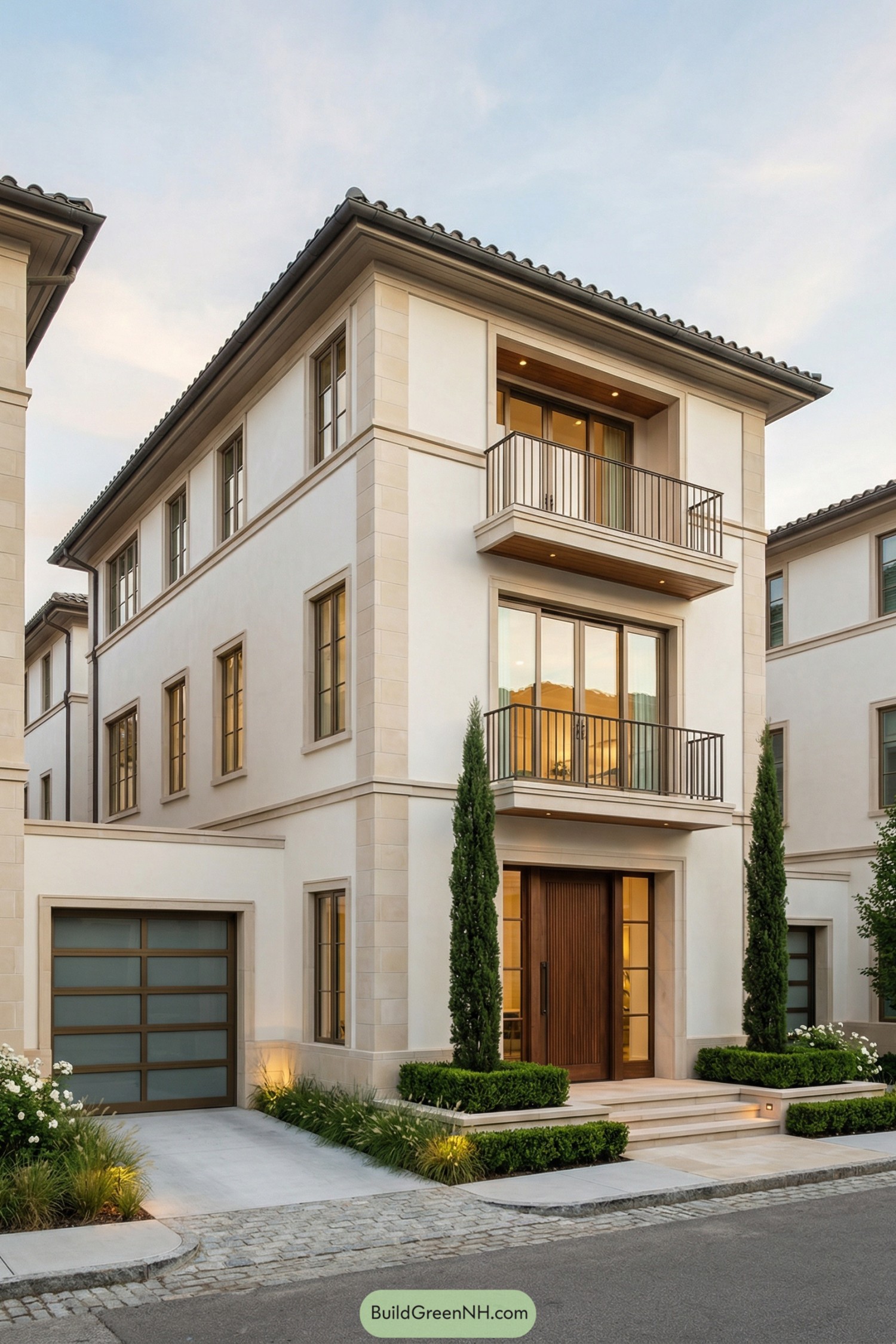 Three-story cream townhouse with balconies and tall cypress trees flanking a wood front door