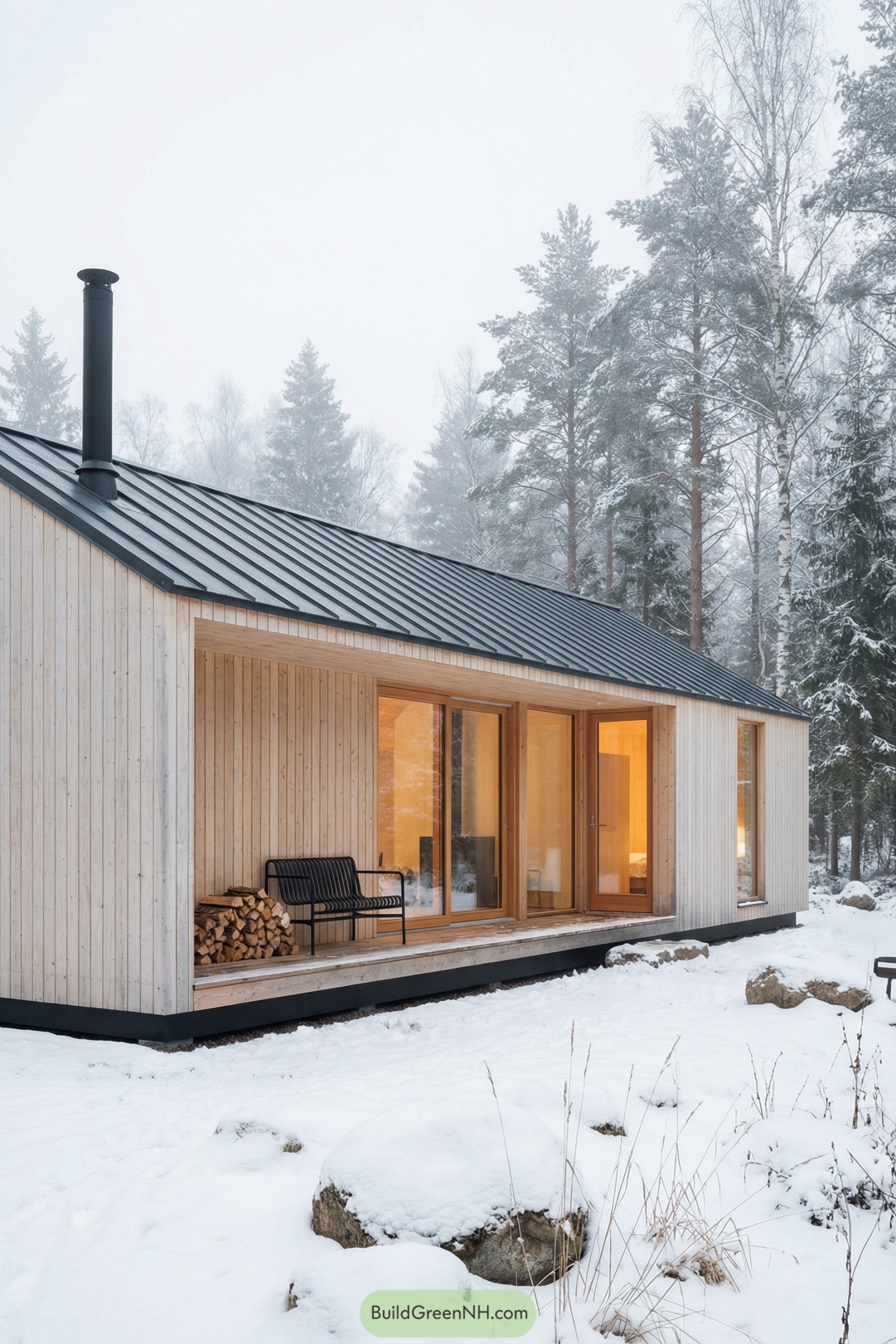 Small light timber cabin with black metal roof, large glass doors, and a covered porch in a snowy forest
