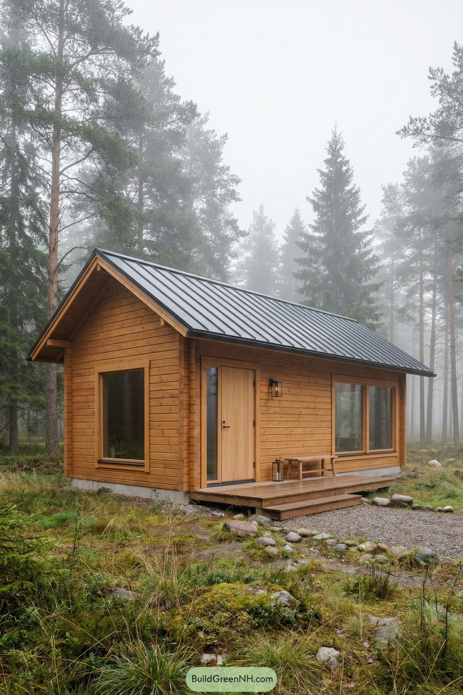 Small warm-toned timber cabin with dark metal roof sitting in a misty pine forest