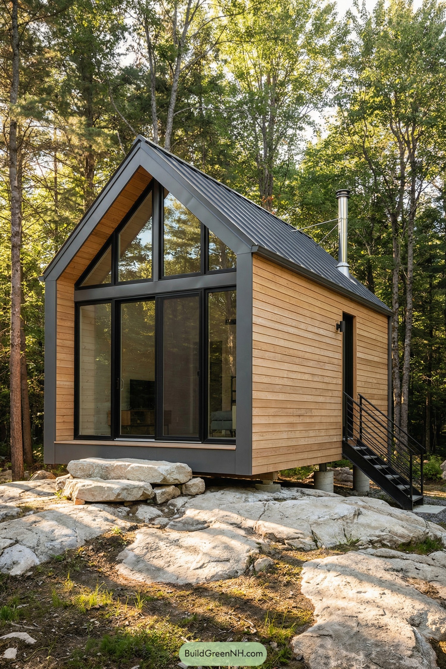 Small wood clad cabin with tall black framed windows and a metal roof set on rocks in the woods