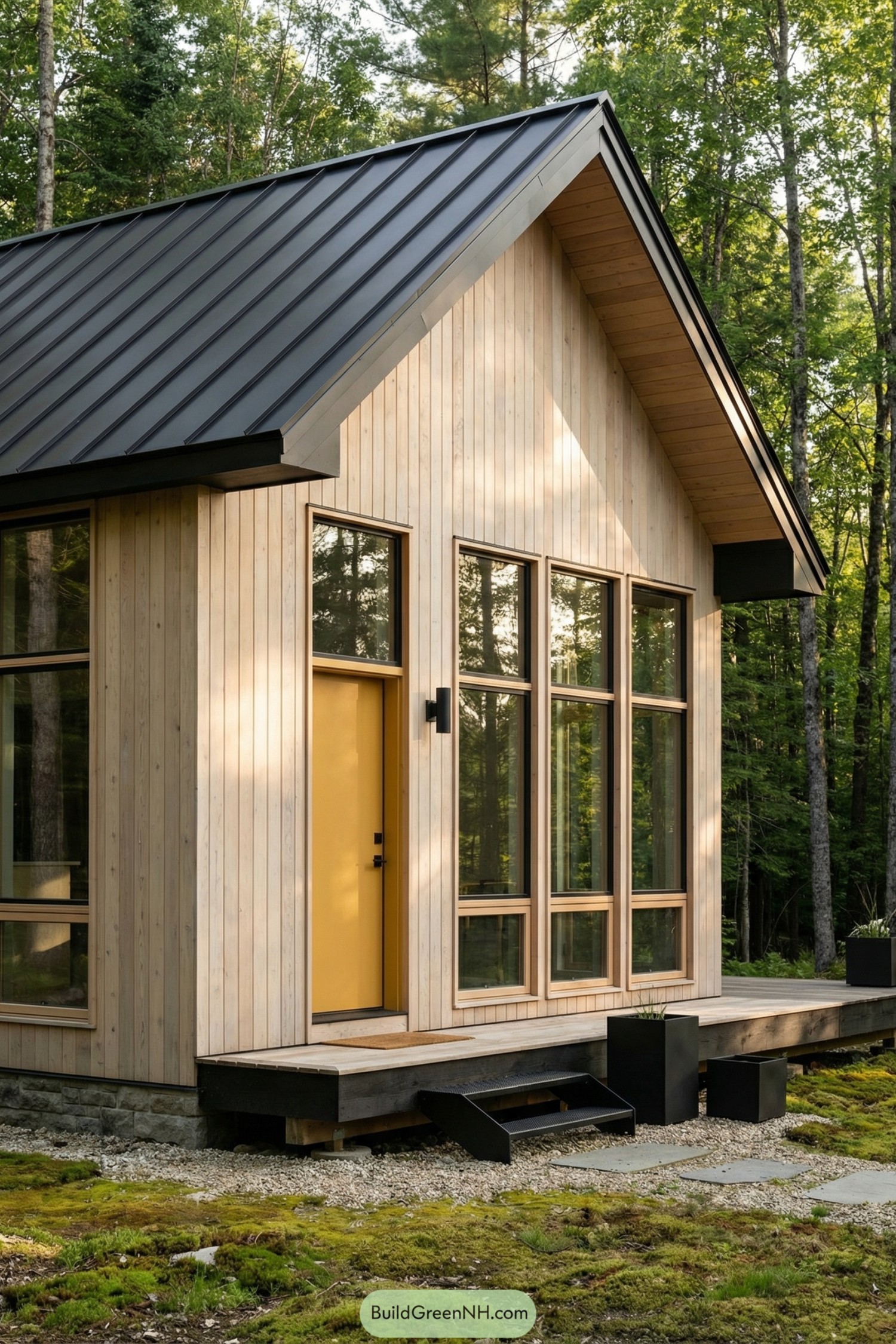 Tall pale timber cabin with black metal roof and large grid windows in a green forest
