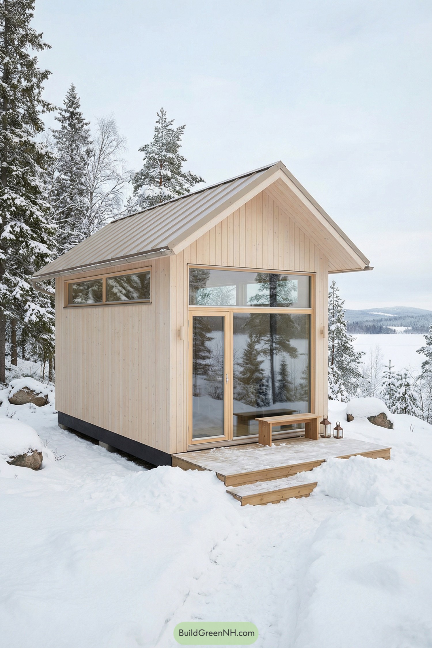 Small light wood cabin in snowy forest with large glass front and simple deck