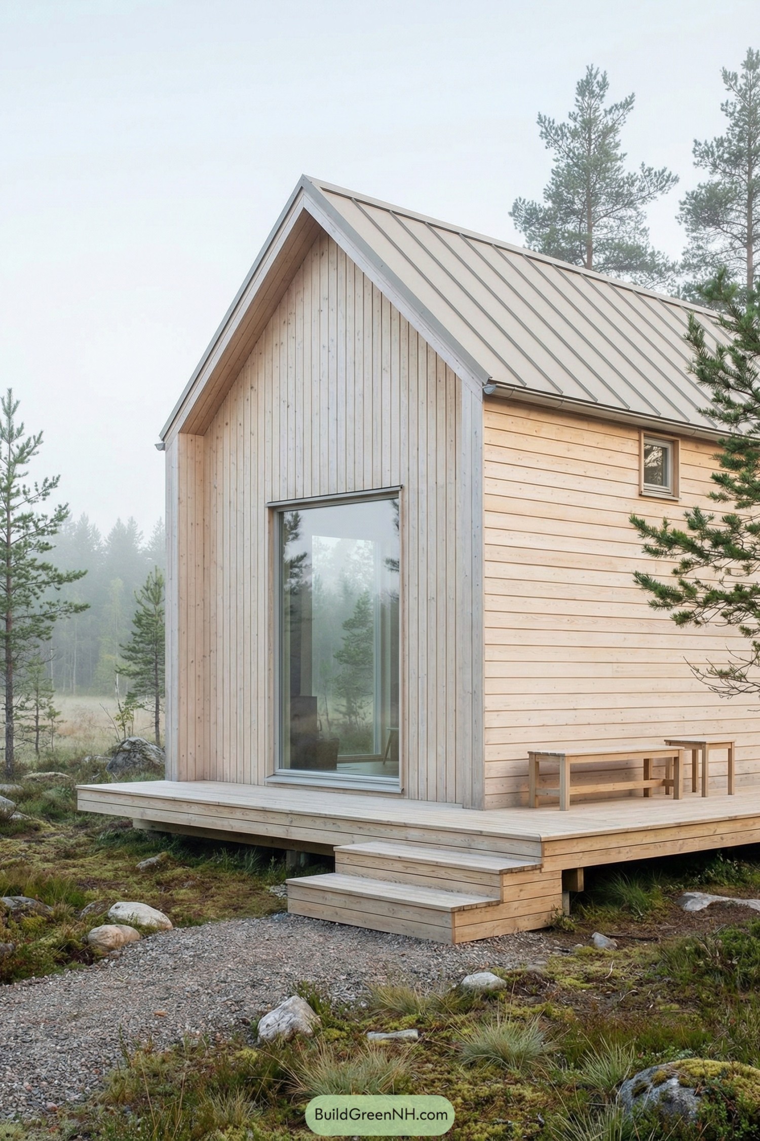 Small light-wood cabin with metal roof and deck in a misty forest clearing