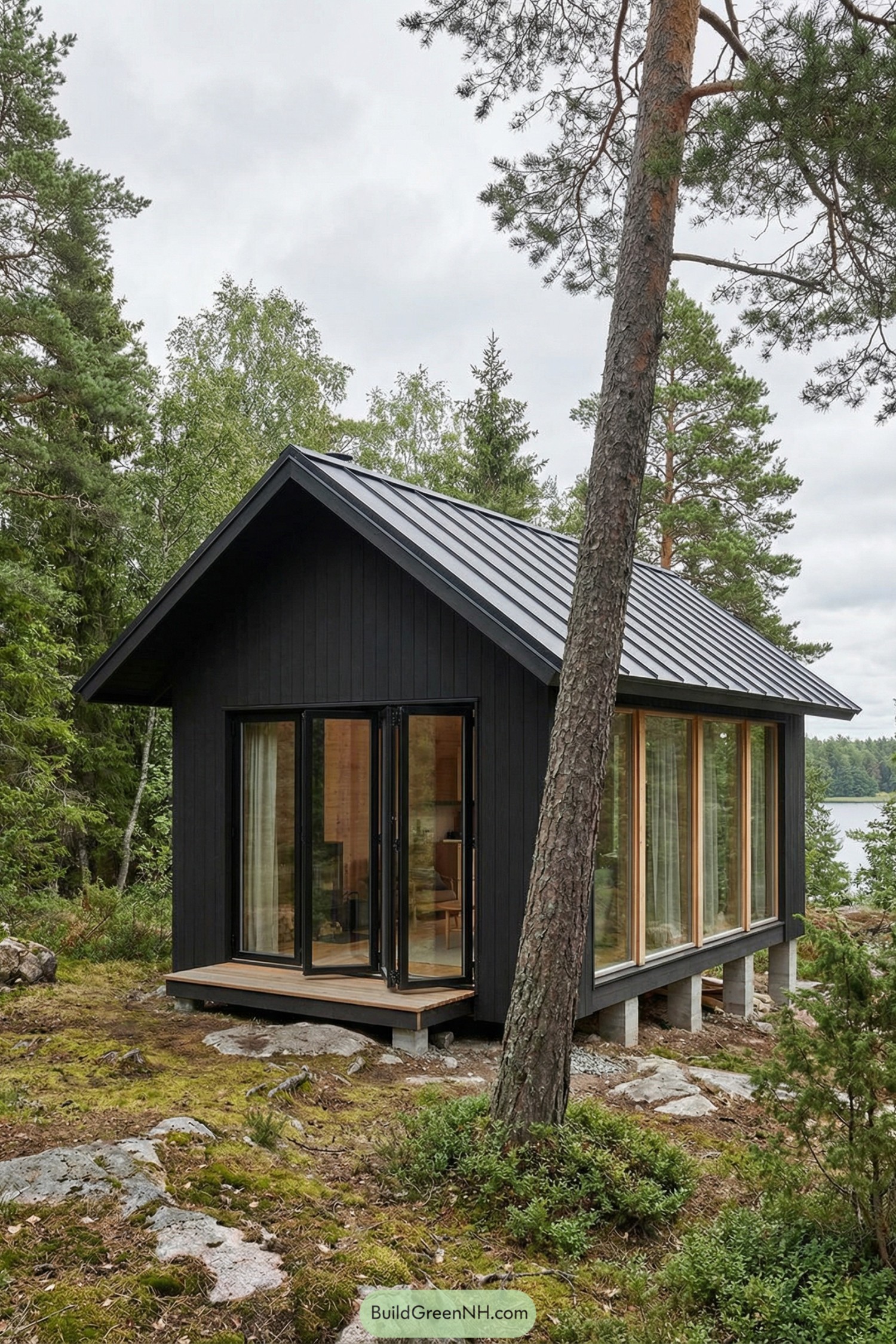Black timber cabin with expansive glass walls in a lakeside forest