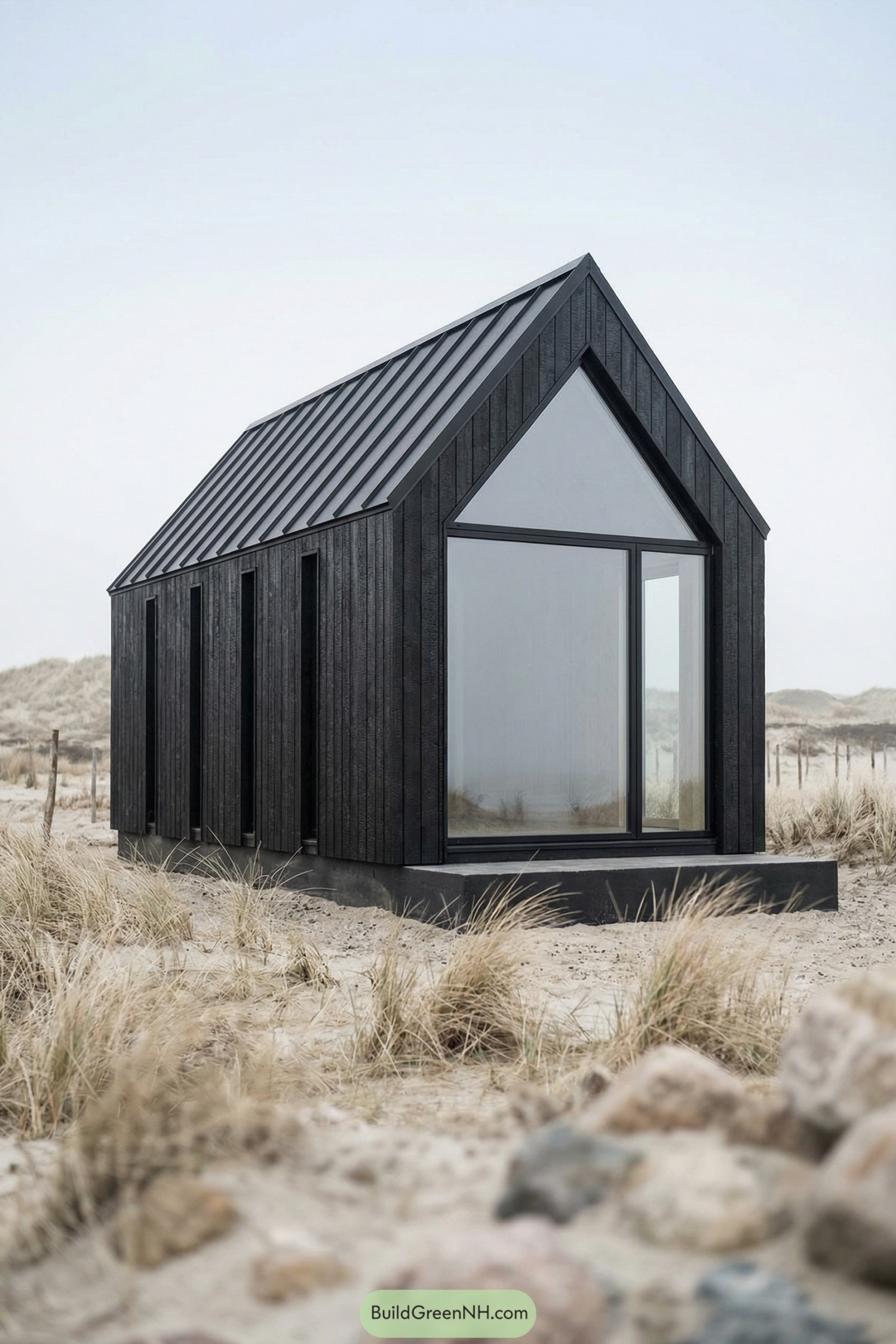 Small black cabin with steep roof and large front glass wall sitting among coastal sand dunes