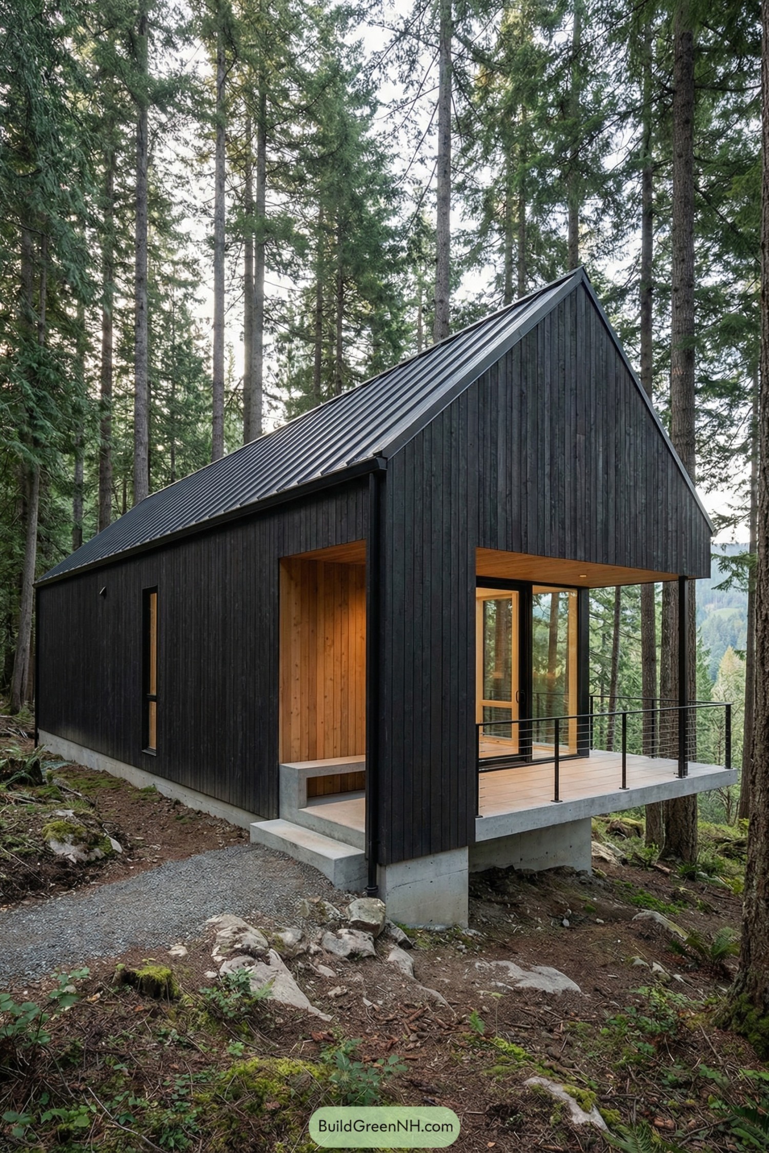 Minimalist black timber cabin on concrete piers with a small covered porch in a dense forest