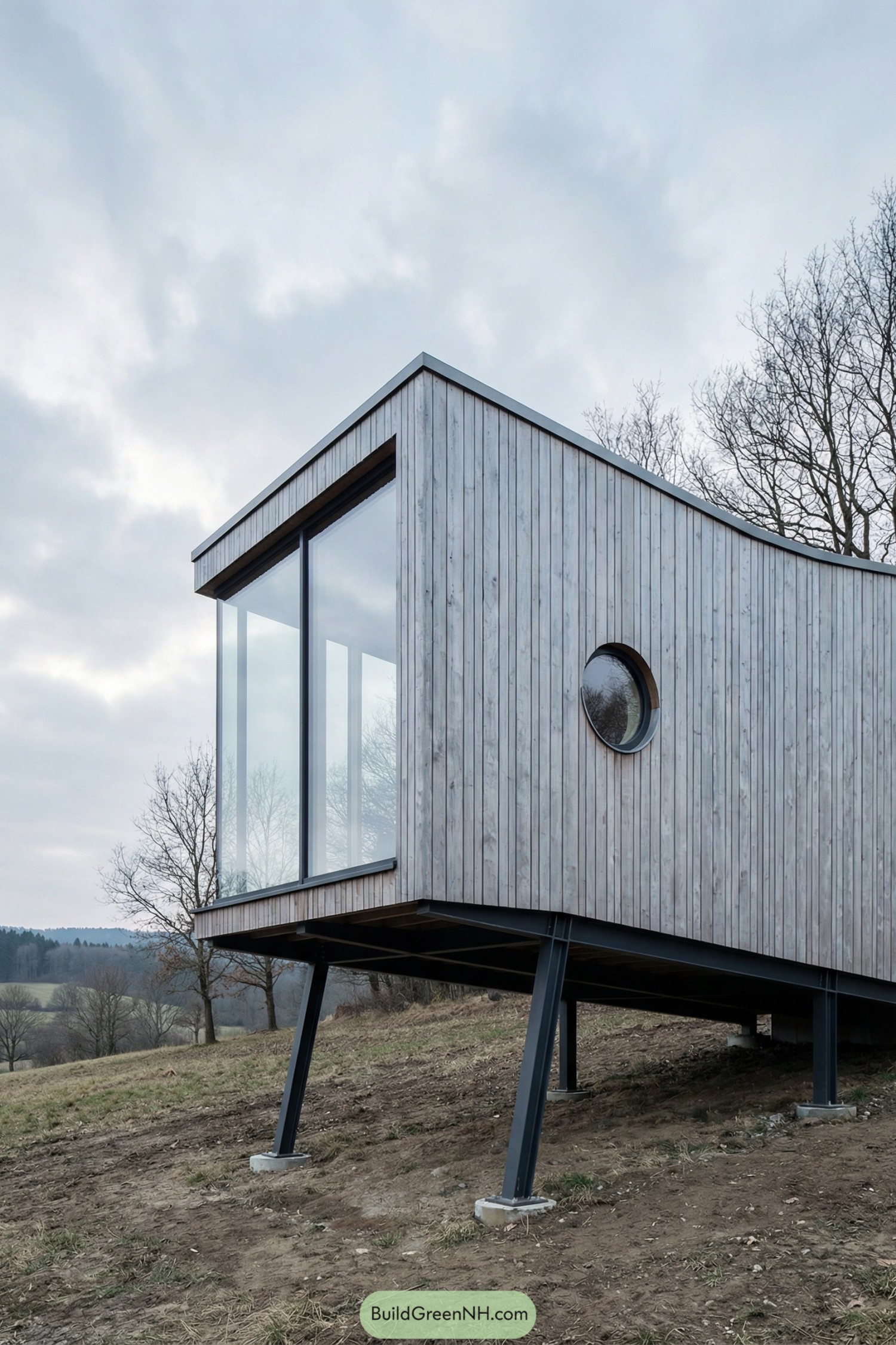 Modern timber cabin on slender steel stilts with large corner glass wall overlooking a rural landscape