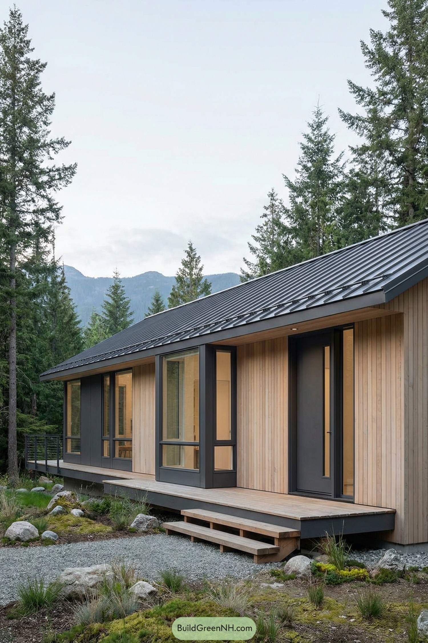 Modern wood cabin with dark trim set among forest trees