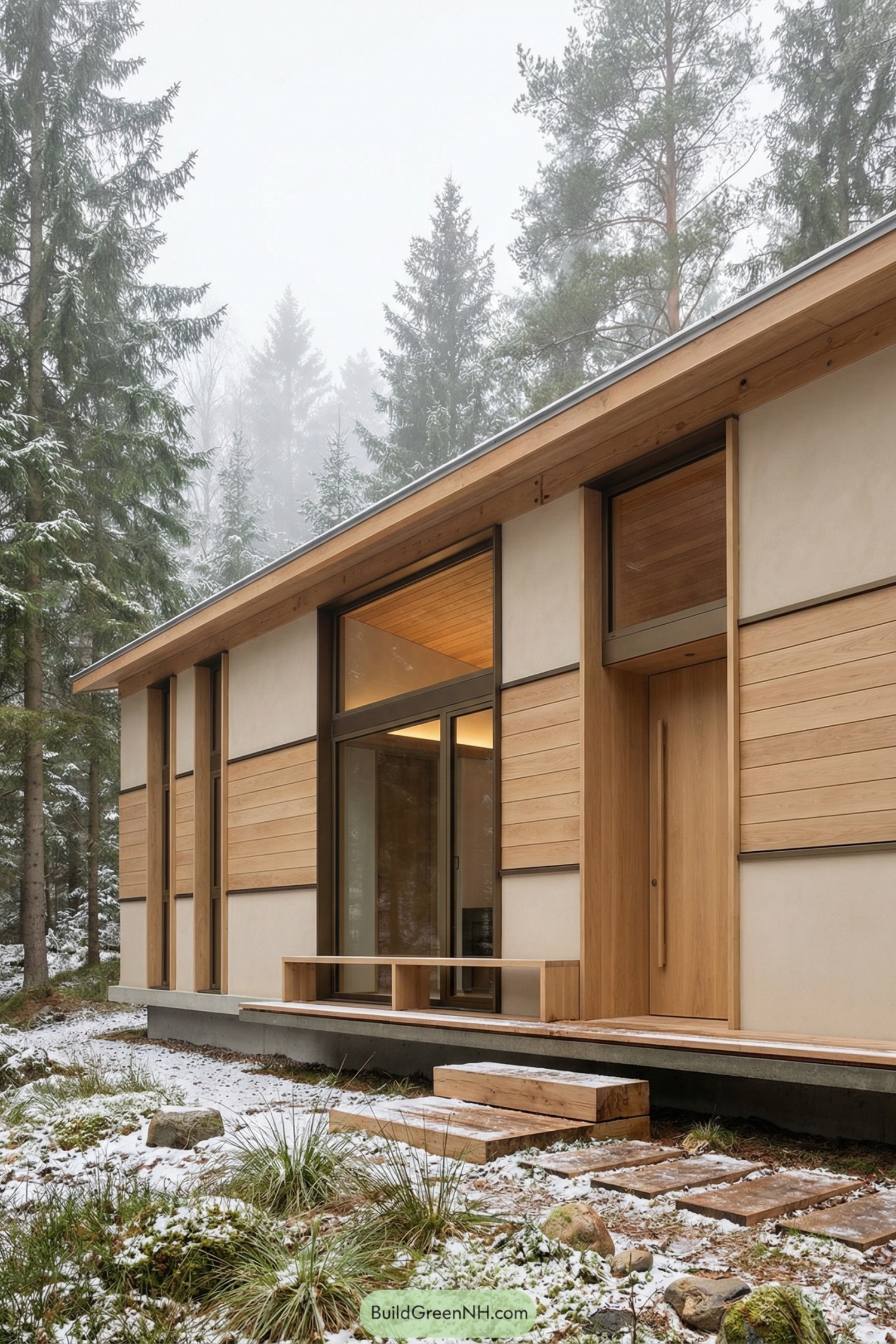 Modern wood cabin with long facade and large glass door set in a snowy forest