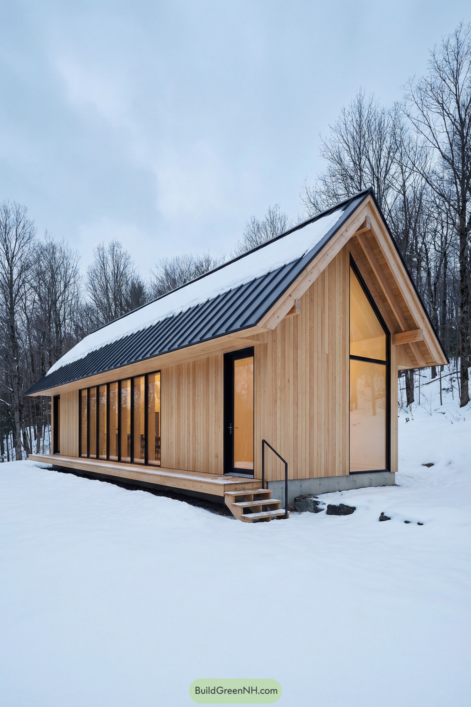 Light wood cabin with tall windows in a snowy forest clearing