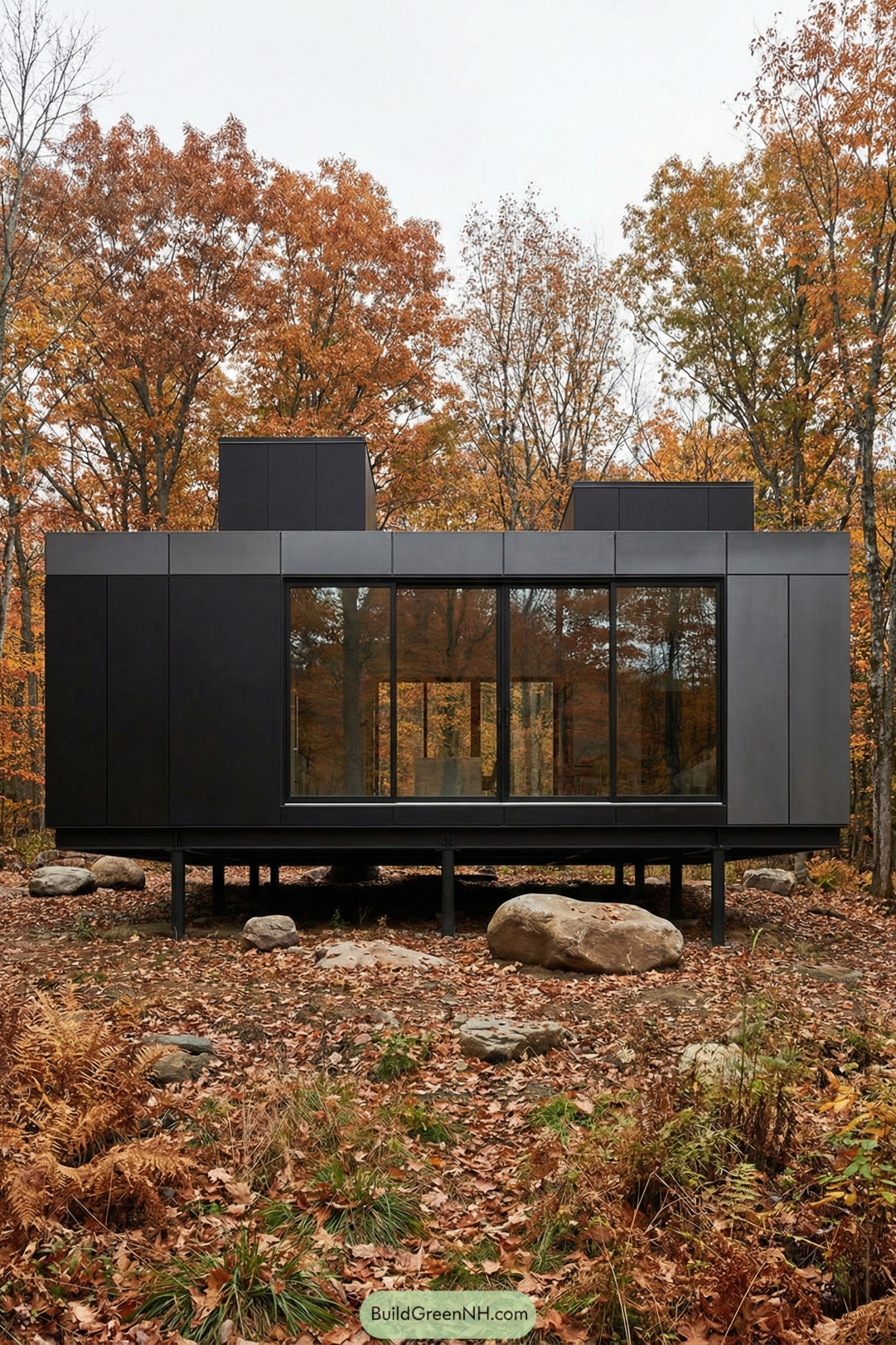 Minimalist black cabin on stilts in a fall forest