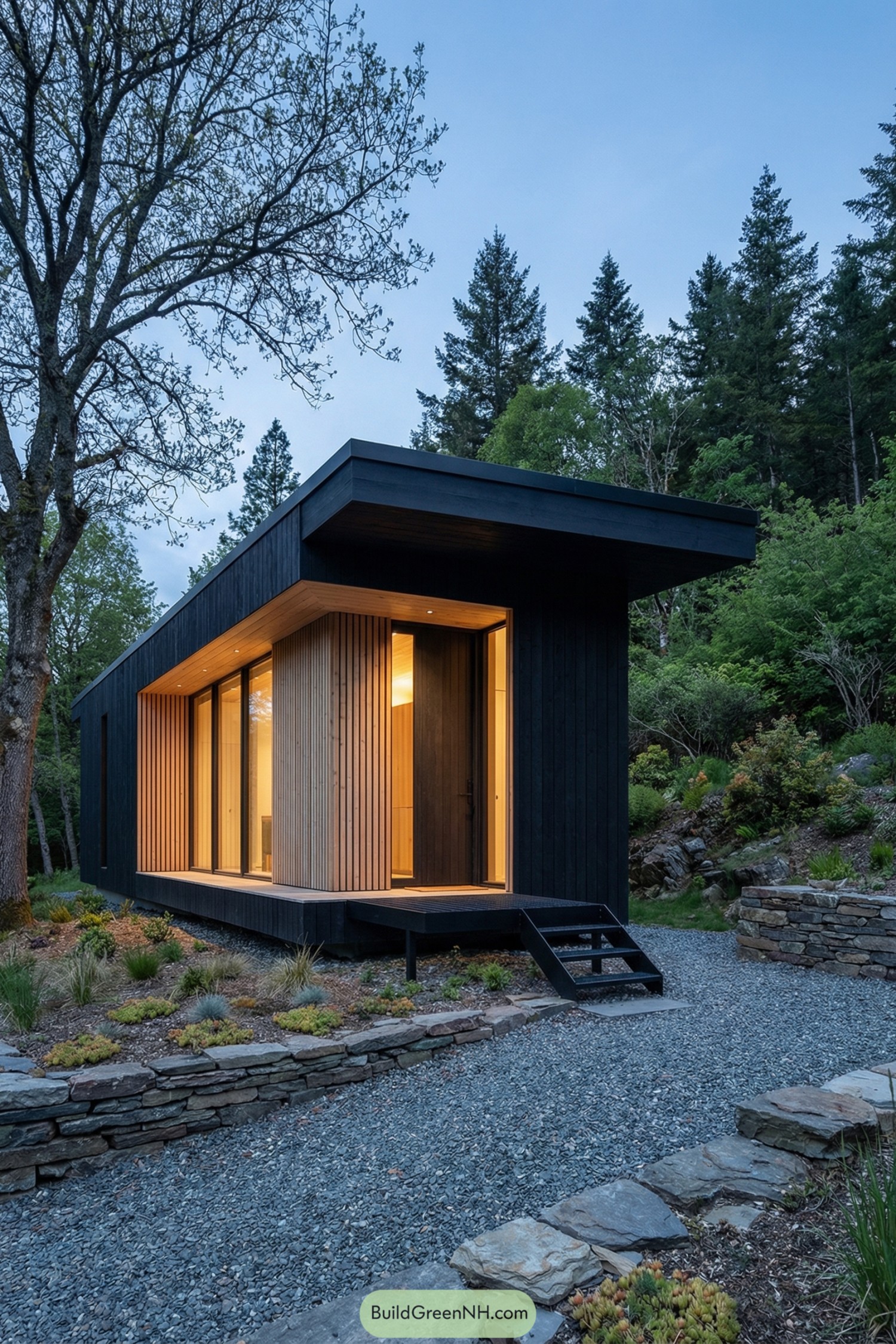 Modern black timber cabin with tall windows in a wooded setting