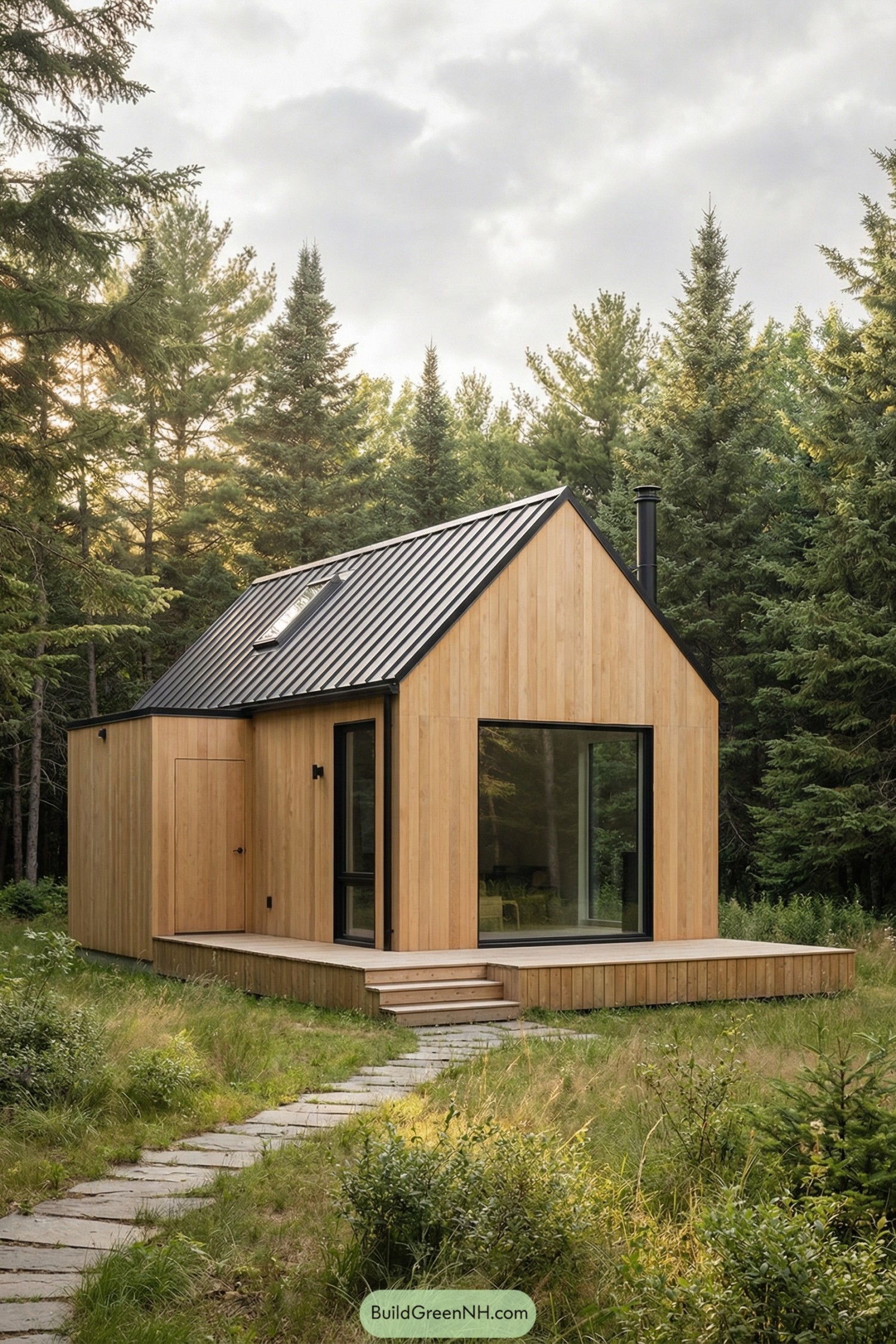 Small cedar clad cabin with black metal roof and large corner window set in dense evergreens