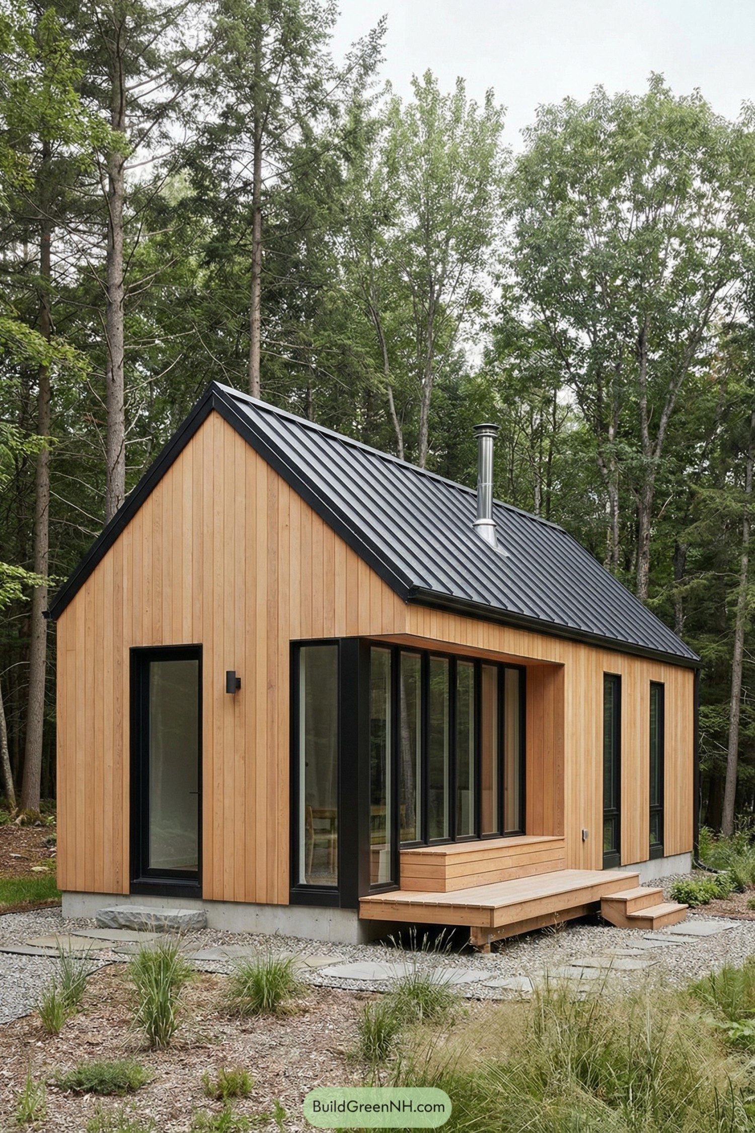 Small gabled wood cabin with black metal roof and large vertical windows in a forest setting