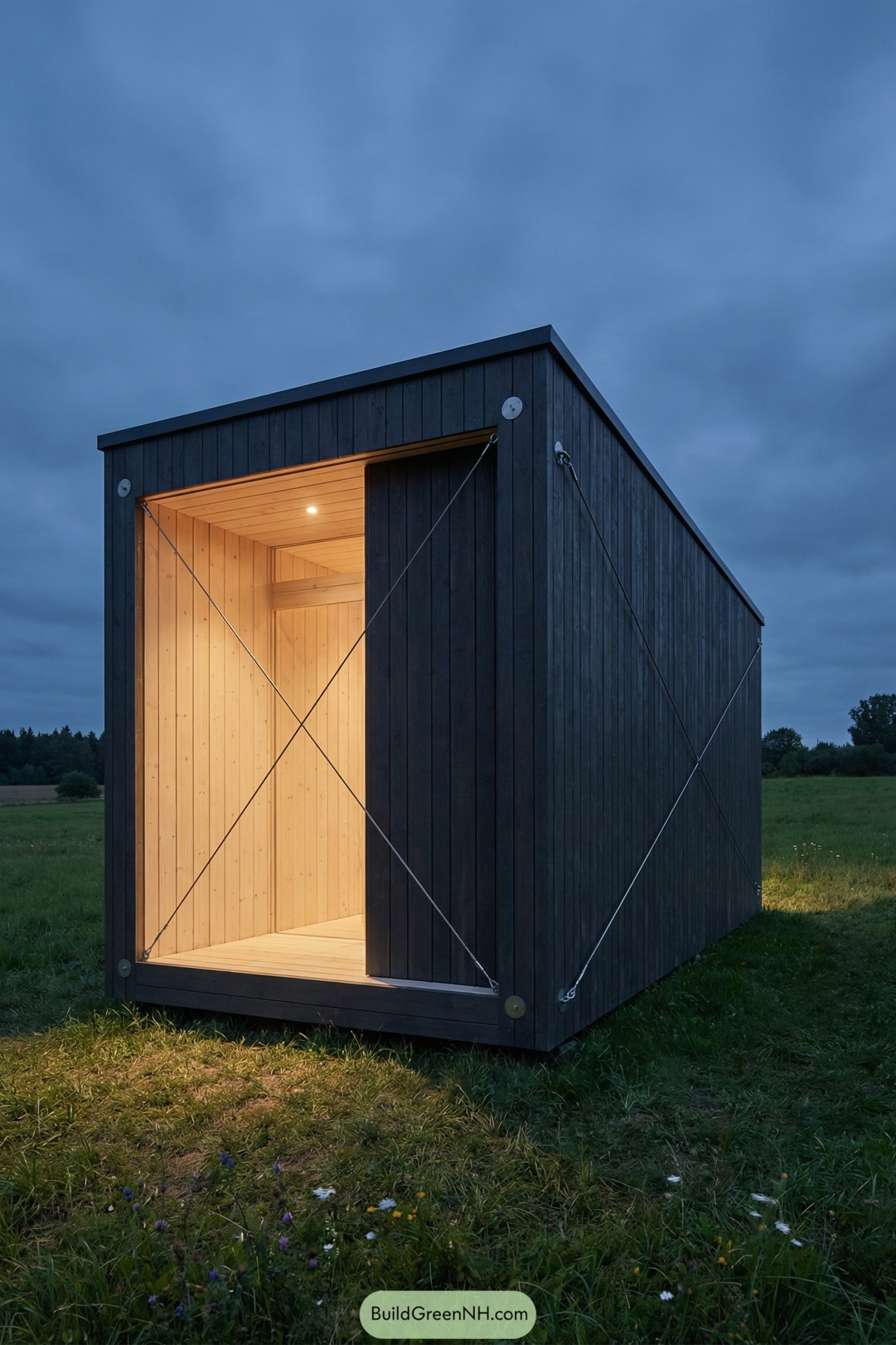 Small black timber cabin glowing warmly in an open field at dusk