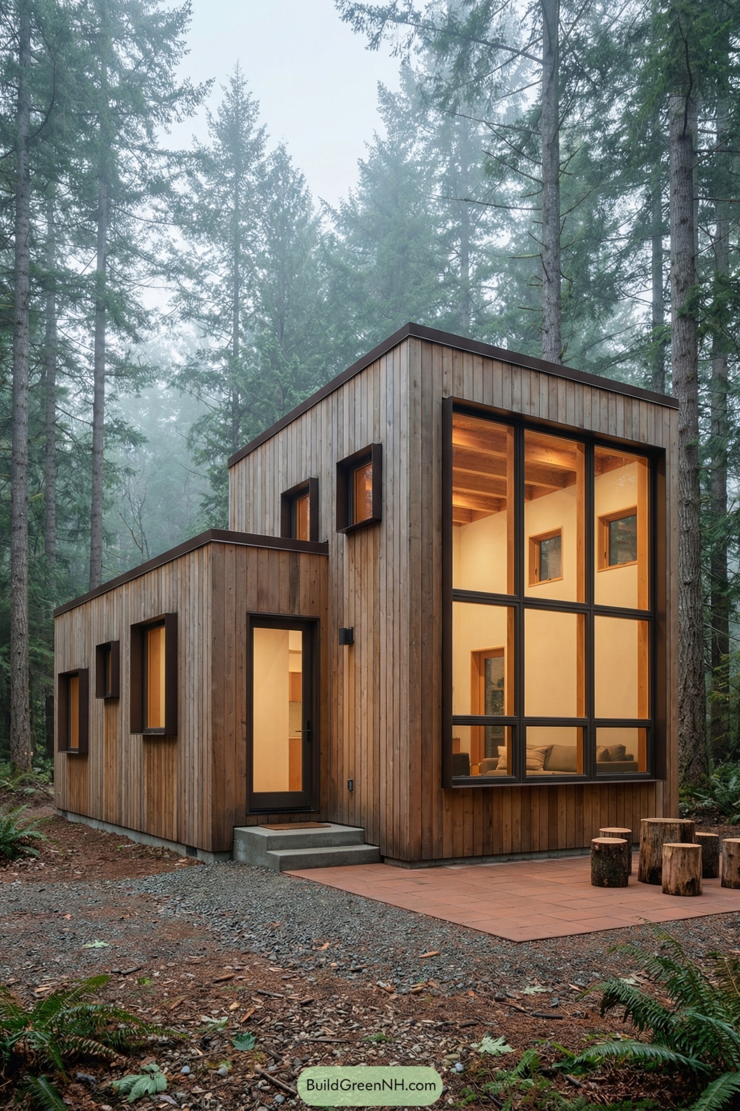 Boxy wood cabin with tall windows in misty forest