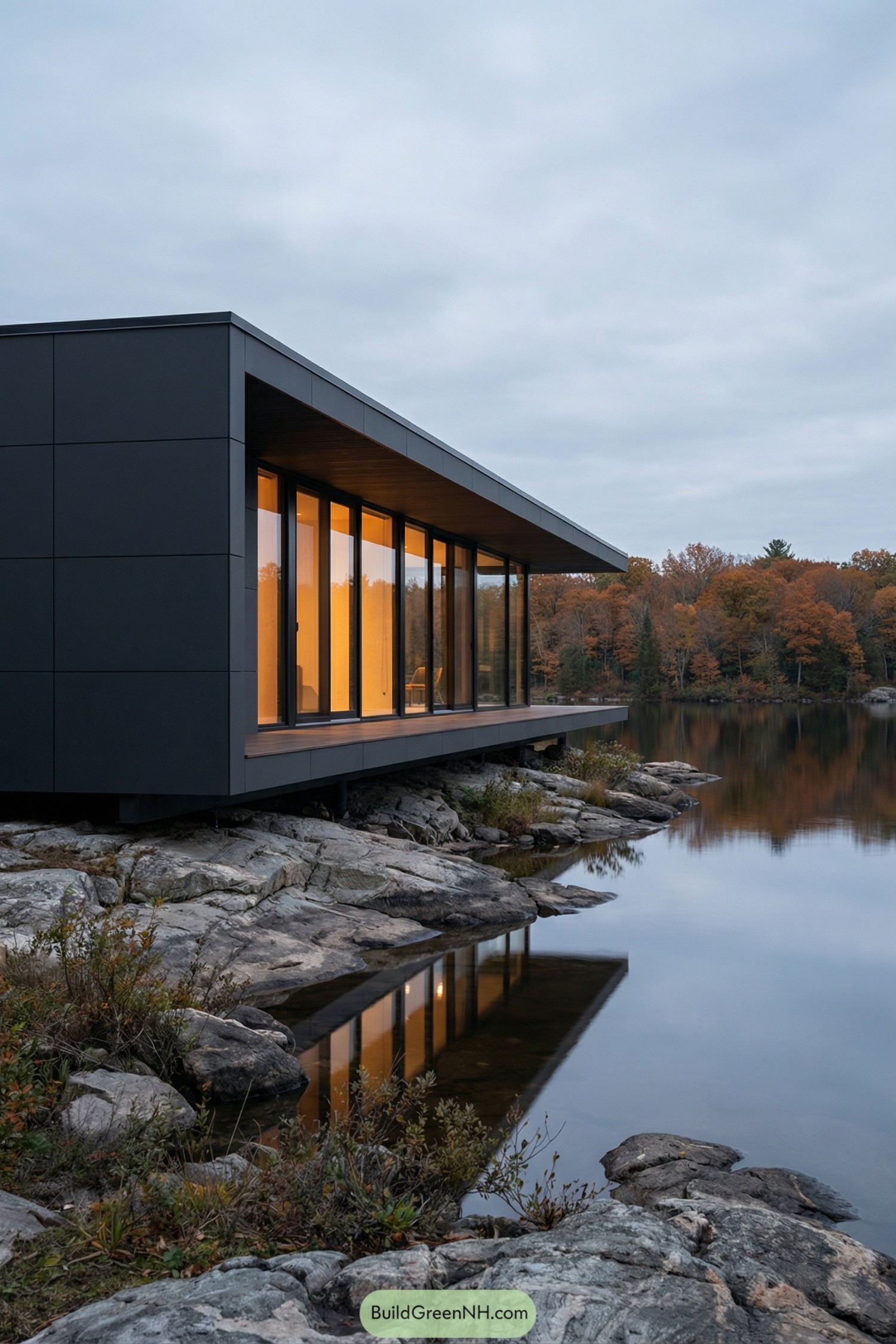 Minimalist dark cabin with full glass wall hovering above a rocky lakeshore at dusk