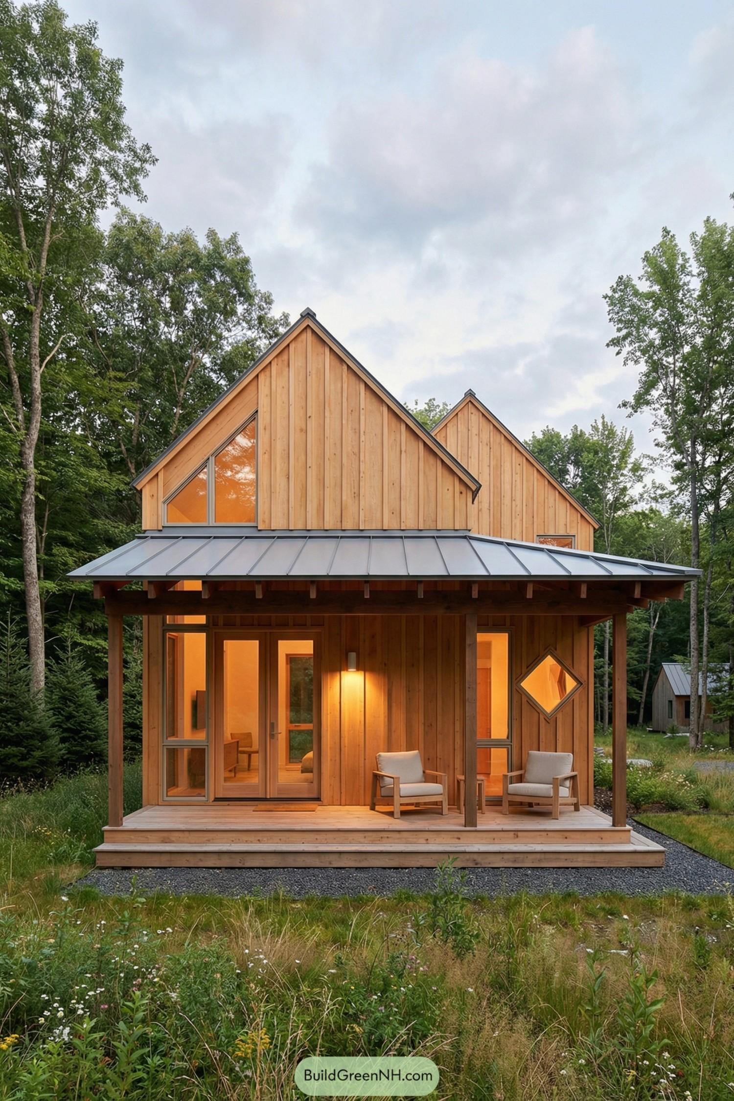 Warm wood cabin with twin gables and covered porch in a meadow clearing
