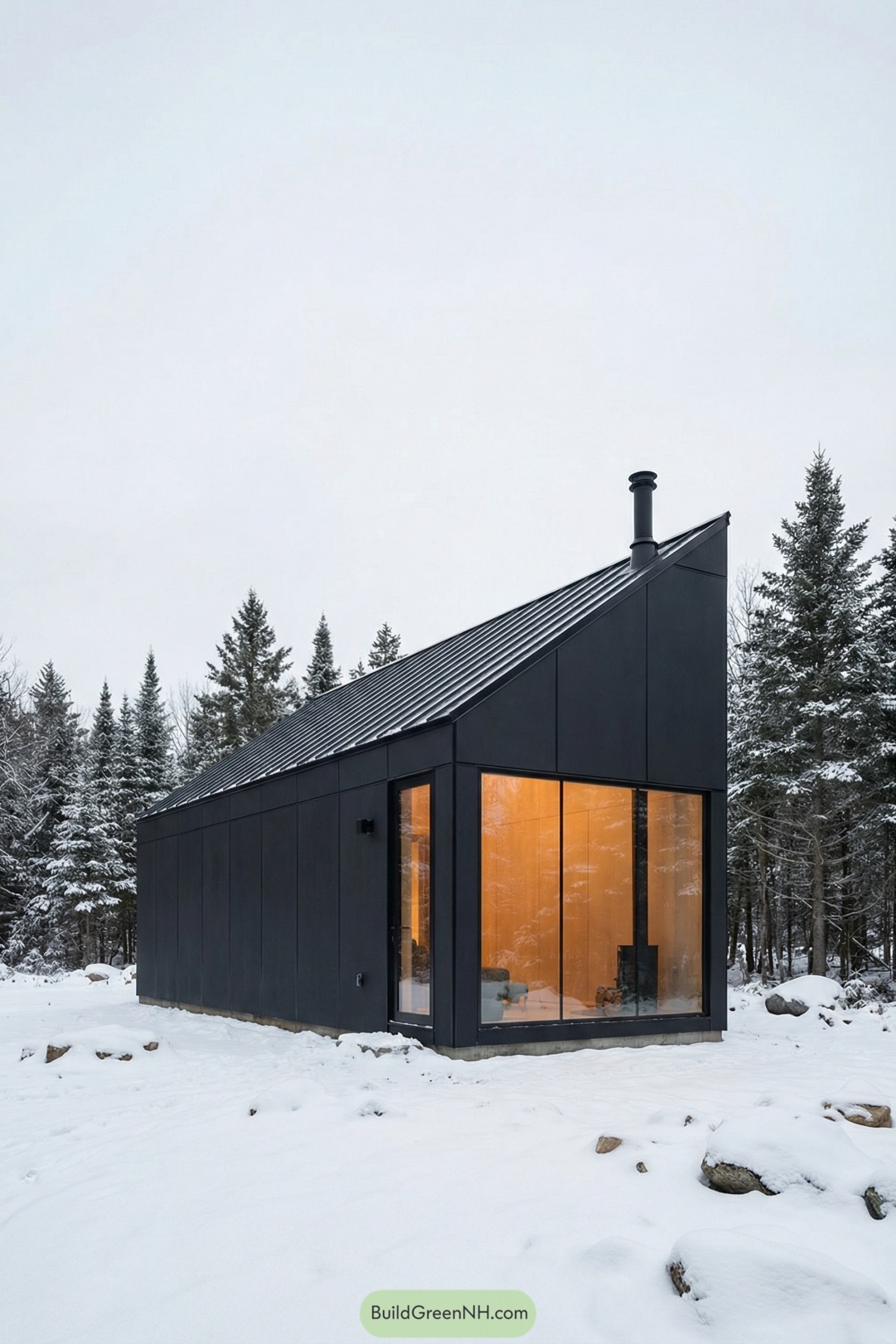 high-res photo of minimalist cabin, stark minimalist facade with one dominant glass wall and dark opaque side panels, color palette of matte charcoal-black exterior and warm amber glow from interior, compact elongated rectangular volume with a slightly sloping mono-pitch roof, cladding in smooth dark-painted timber or metal panels with clean joints and sharp edges, thin single-slope roof with minimal overhang and a slender black chimney pipe emerging near the higher side, one large floor-to-ceiling fixed window occupying most of the front elevation with slim black frames and clear glass, no visible exterior door on this angle suggesting a concealed entrance on a side elevation, no porch or deck and the cabin resting directly on the snow-covered ground, surrounding area of untouched snow with subtle mounds and exposed rocks around the base, dense background of tall coniferous trees with vertical trunks and horizontal snow-laden branches filling the frame, overcast winter sky creating diffused soft light and a quiet, secluded forest setting, single real-life photo, high-resolution, architectural photography, soft lighting, cinematic composition.