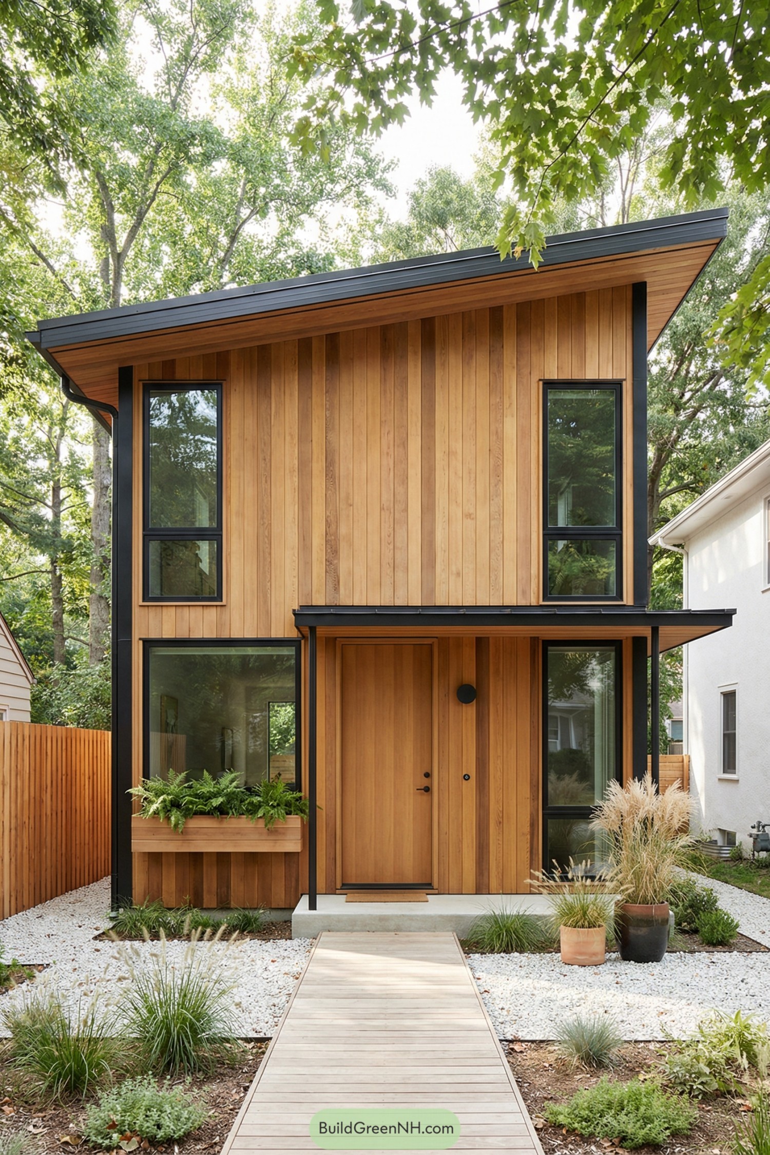 Tall cedar clad cabin with black framed windows and simple gravel garden path