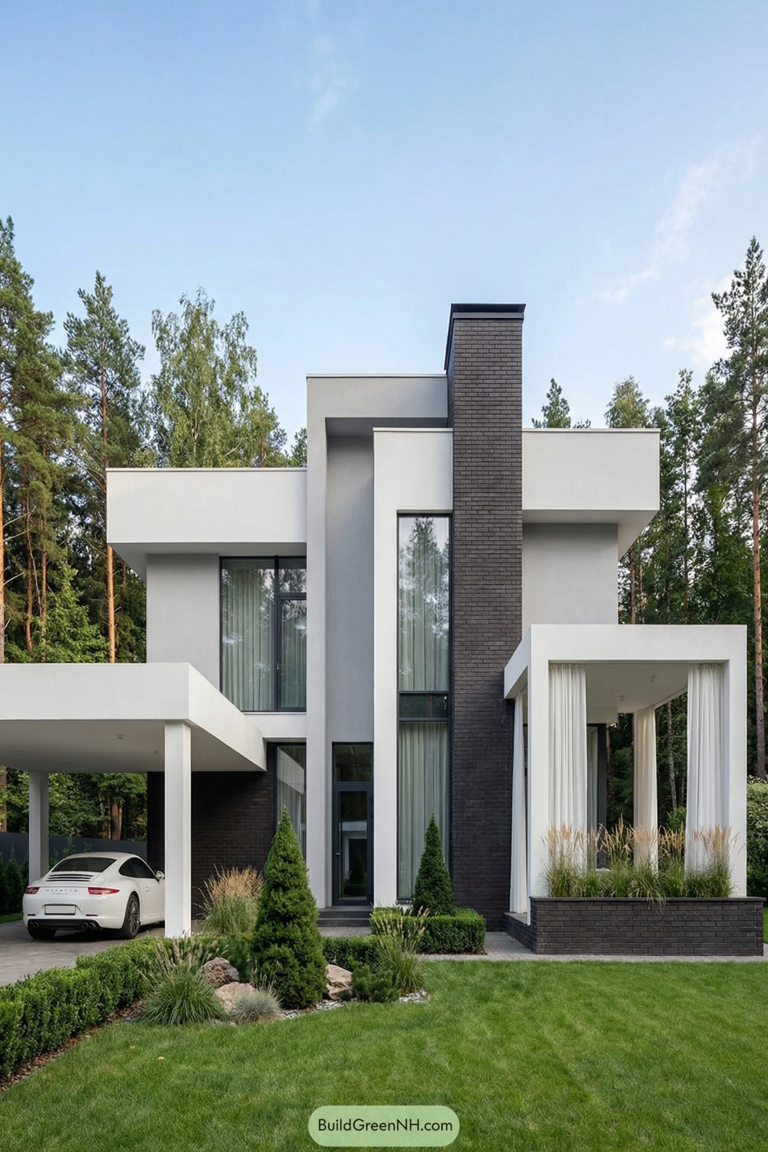Minimalist white and charcoal two story mansion with large glass windows and crisp landscaping