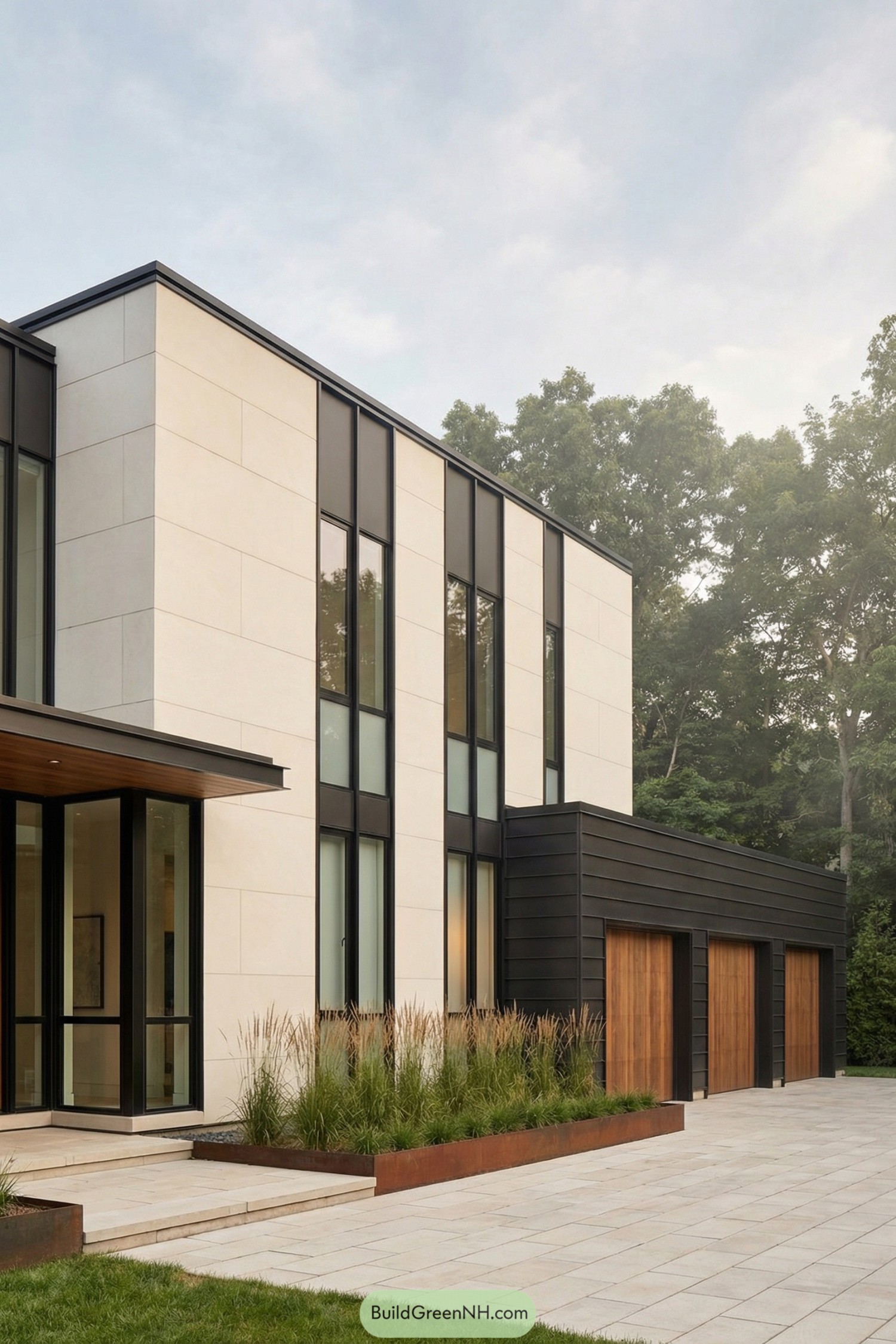 Minimalist two story home with tall windows and attached three car garage