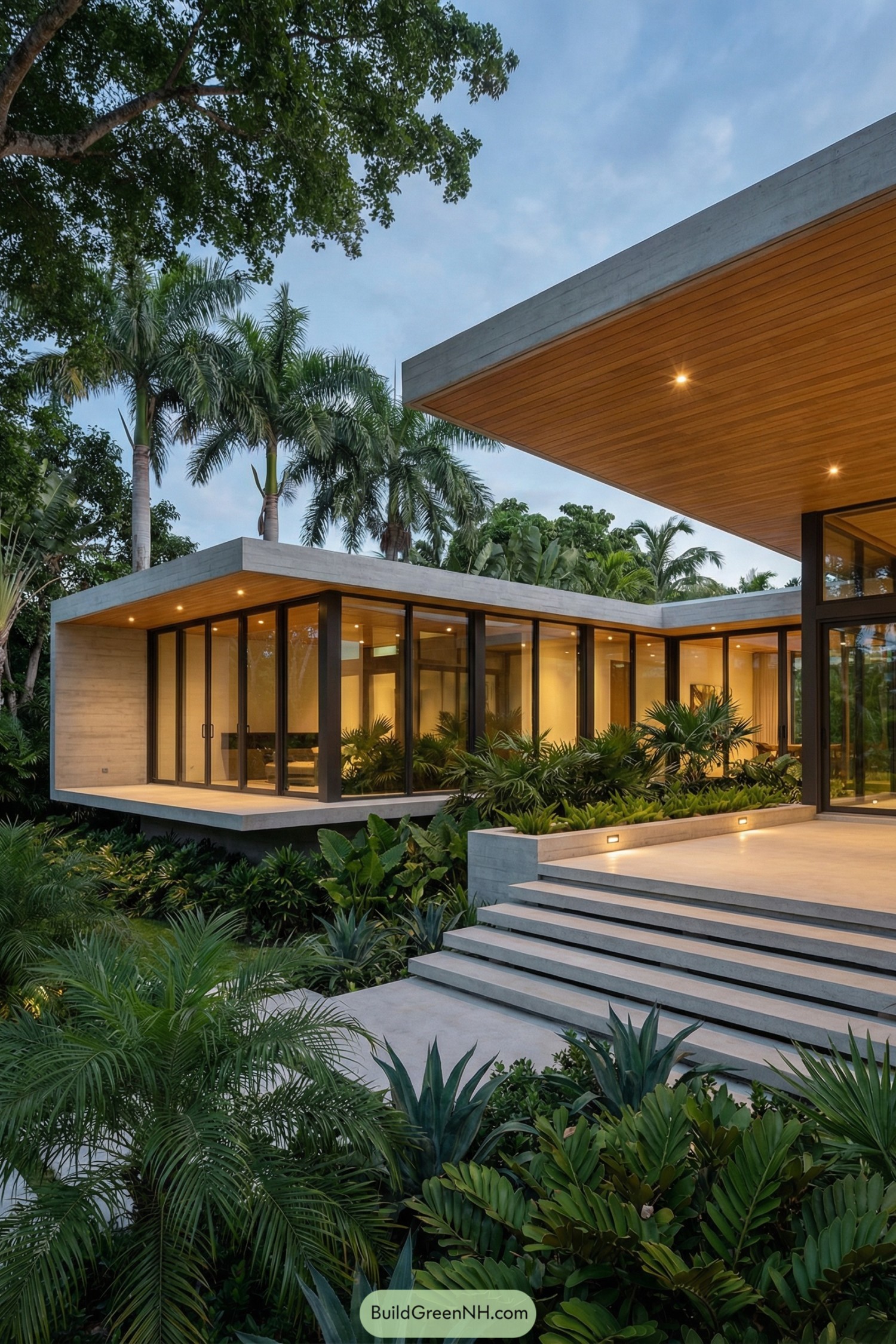 Modern concrete and glass house with wide overhangs set in lush tropical landscaping. Evening lighting glows from the wood-lined ceilings and steps