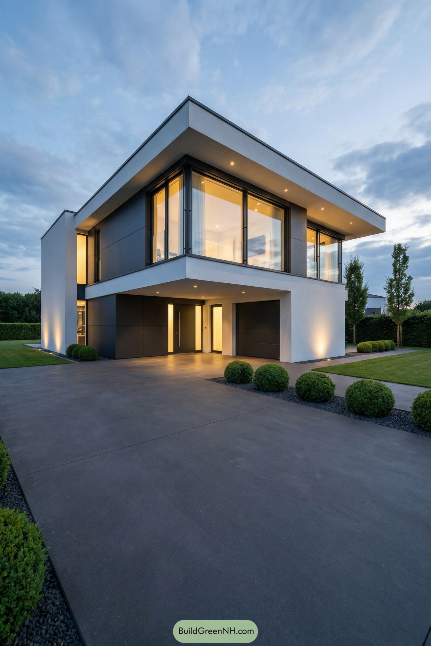 Modern white two story minimalist house at dusk with large glass walls and a wide concrete driveway