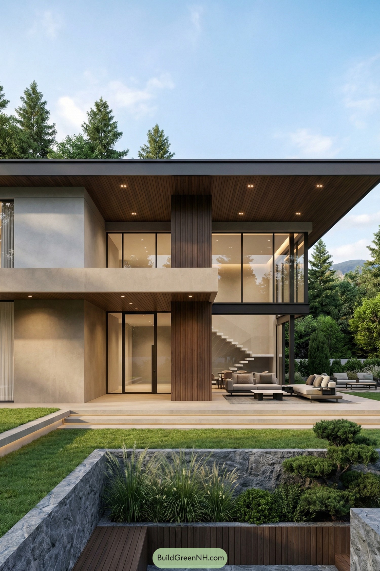 Modern two story minimalist home with glass walls opening to layered garden terraces