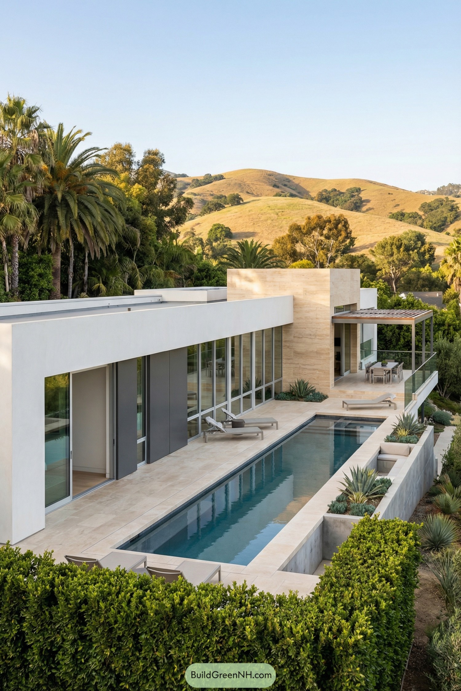 high-res photo of minimalist mansion, long low horizontal facade in strict minimalist style, interlocking rectangular volumes and clean lines, primary facade in smooth white stucco with warm beige stone-clad vertical blocks and a few recessed dark gray wall panels, overall color palette of white, sand, light gray and natural stone, single-story elongated shape with strong horizontal emphasis and deep wall planes, materials include smooth plaster, textured sandstone or travertine, dark metal framing and clear glass, flat roof with hidden parapets and sections of green roof planting, expansive floor-to-ceiling windows in large continuous bands with slim dark aluminum frames, wide sliding glass doors aligned with living areas and terrace, front outdoor zone featuring a long narrow lap pool running parallel to the facade with pale stone coping and water level close to deck height, adjacent sun terrace in light-beige large-format stone tiles with minimalist sun loungers and low built-in planters, elevated glass-railed terrace to the right with a rectangular wood-and-metal pergola sheltering a contemporary outdoor dining set, precise low hedges and linear planters with sculptural agave and desert plants along the pool and terrace edges, taller palms and dense greenery flanking the property for privacy, foreground bordered by a trimmed green hedge wall, surrounding background of rolling sunlit hills with soft golden-brown grass and scattered trees under a clear blue sky, soft warm daylight and balanced, cinematic wide-angle composition, single real-life photo, high-resolution, architectural photography, soft lighting, cinematic composition.