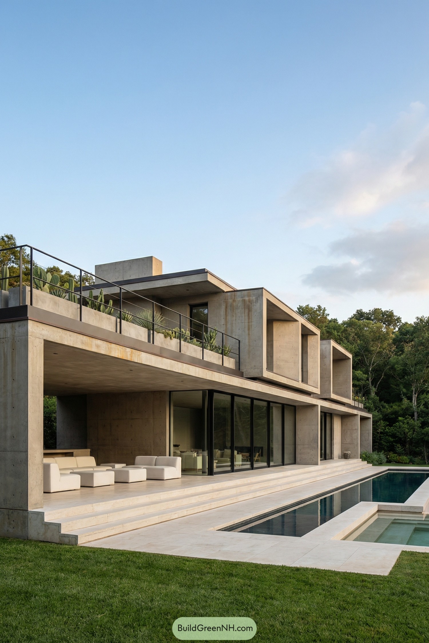 Minimalist concrete mansion with deep linear pool and expansive terraces
