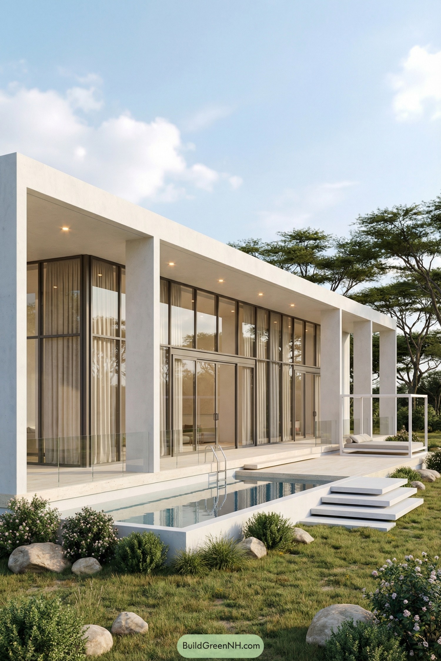 Minimalist white villa with full glass facade and narrow reflecting pool in a green landscape