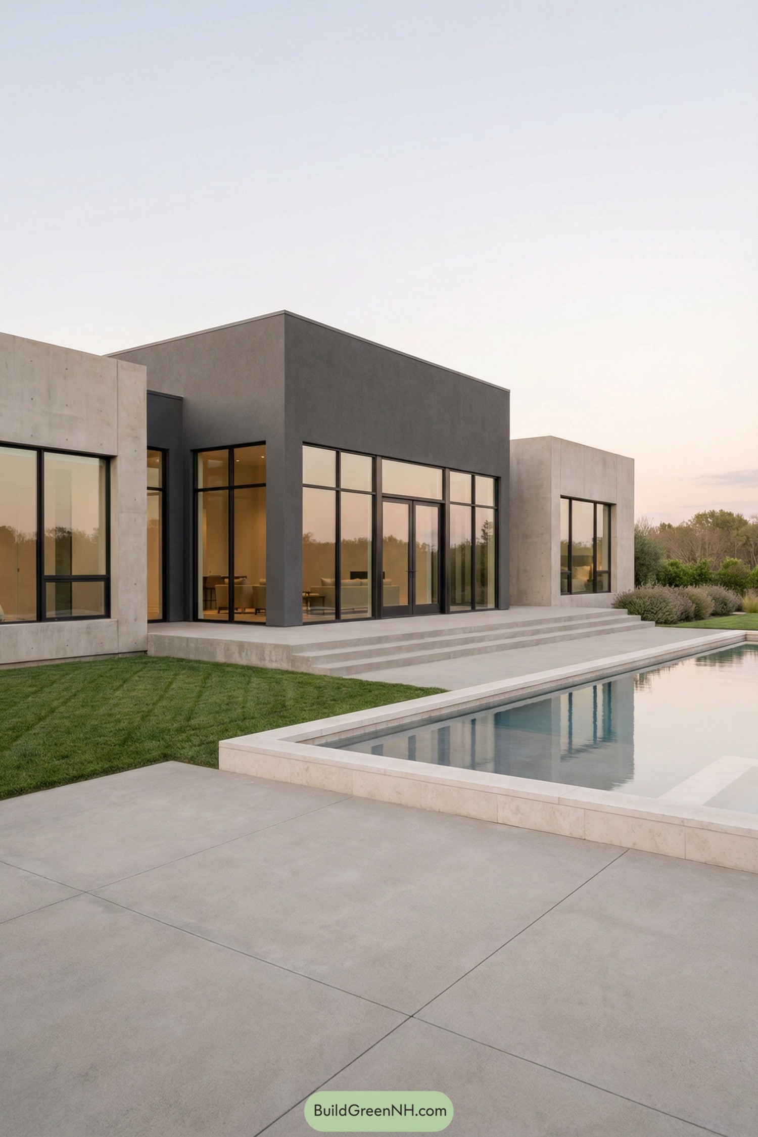 Minimalist single story house with large glass walls and a rectangular pool in front