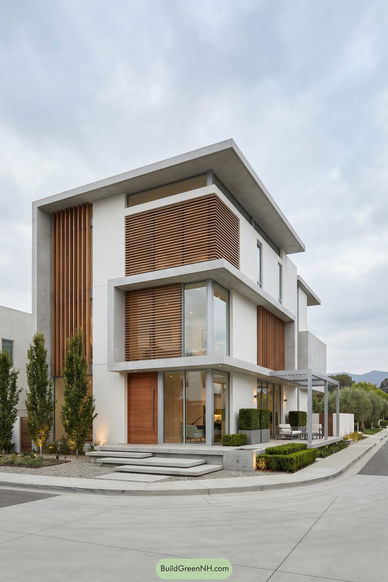 Three-story minimalist house with concrete frames and wood slat screens