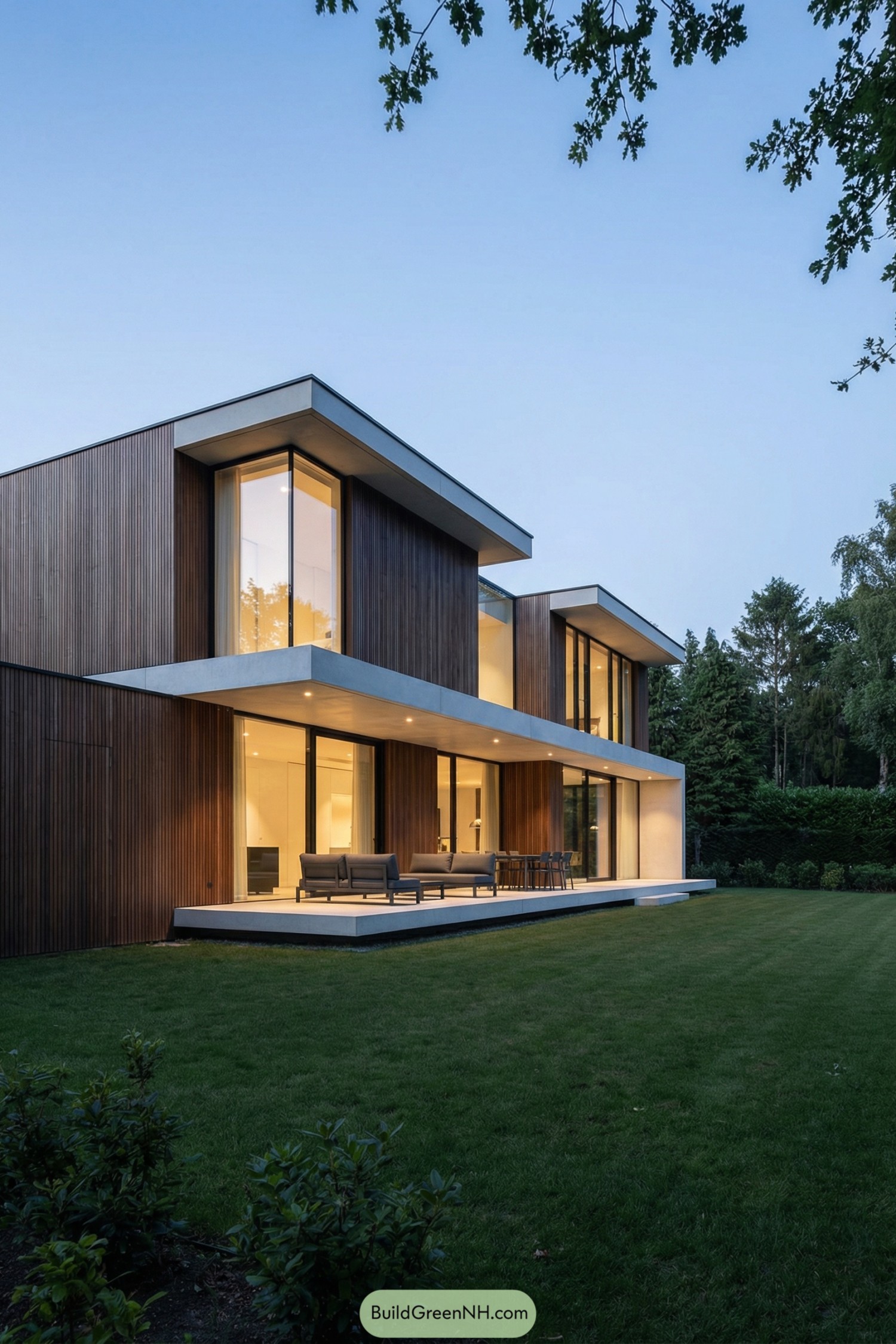 Minimalist two story wood and glass house with deep overhangs facing a lawn