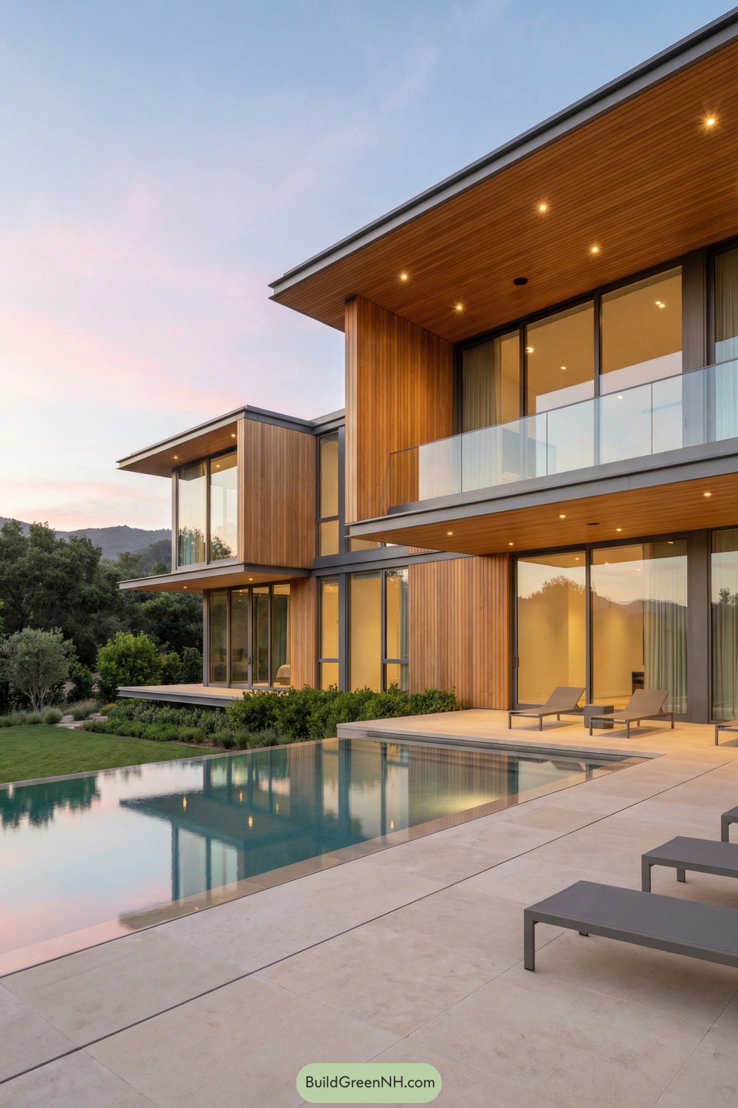 Minimalist wood and glass mansion with pool