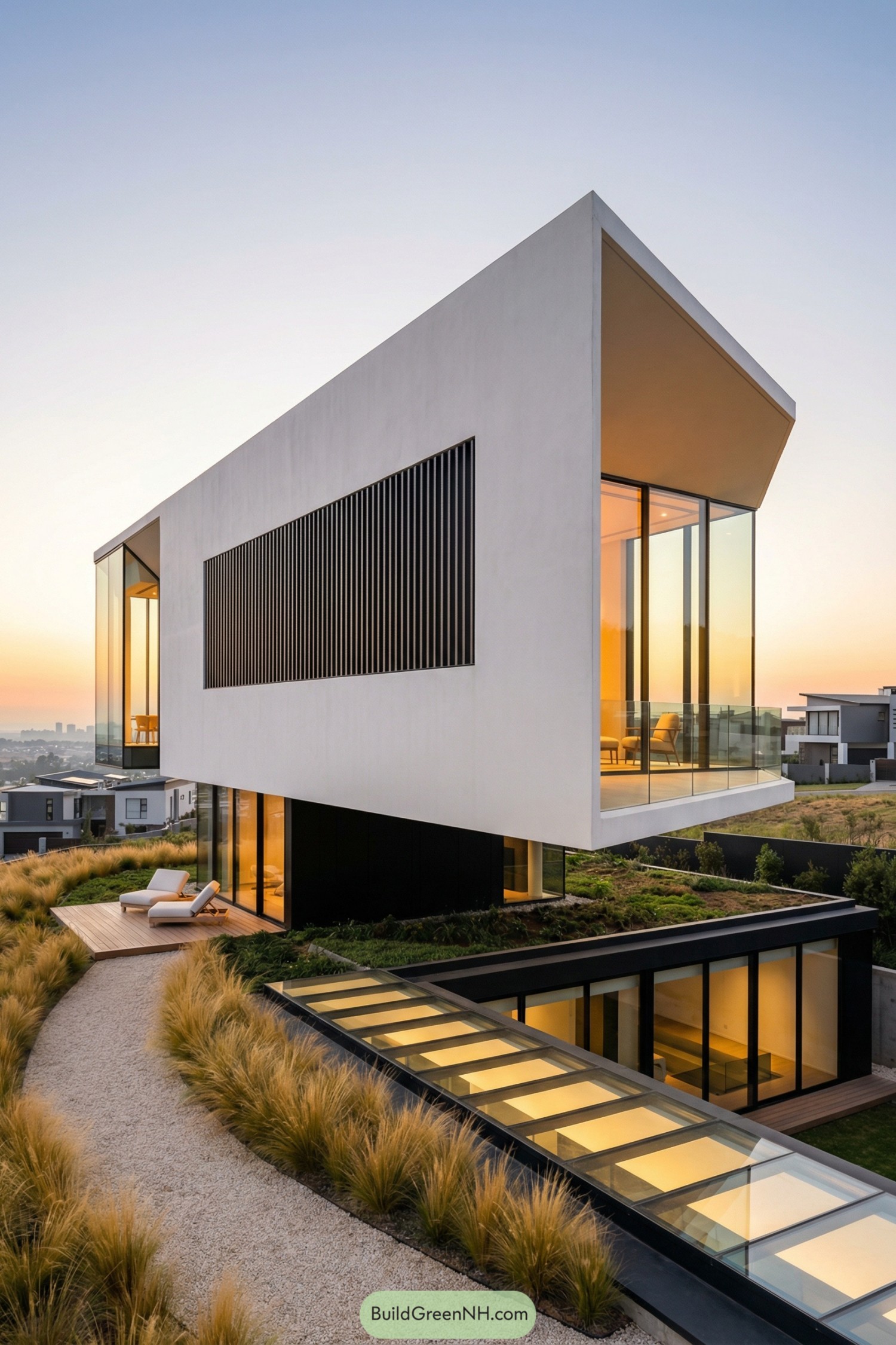 Minimalist multi-level home with cantilevered glass volume and landscaped roof