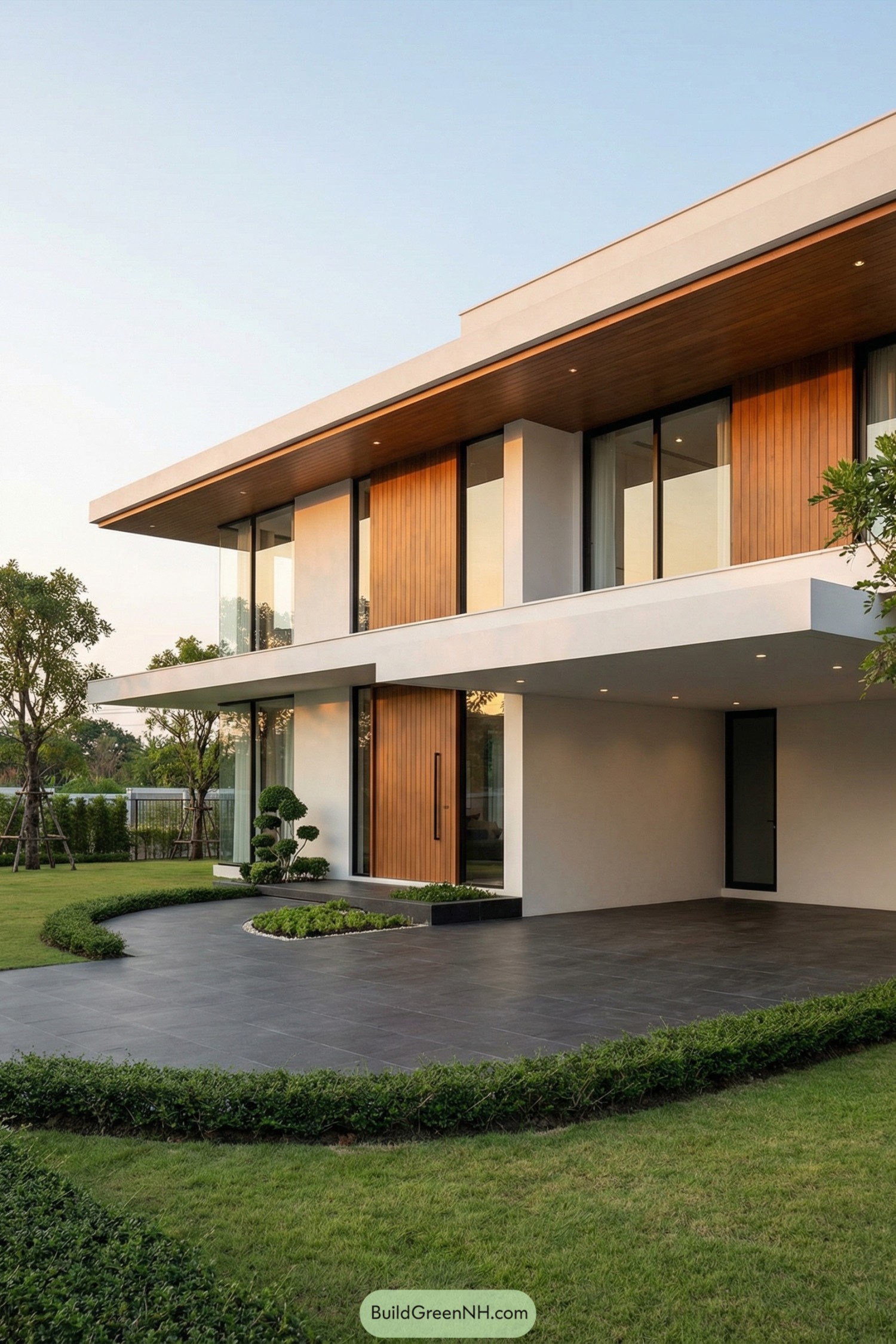 Modern two story minimalist house with wide overhangs glass walls and vertical wood accents facing a manicured yard